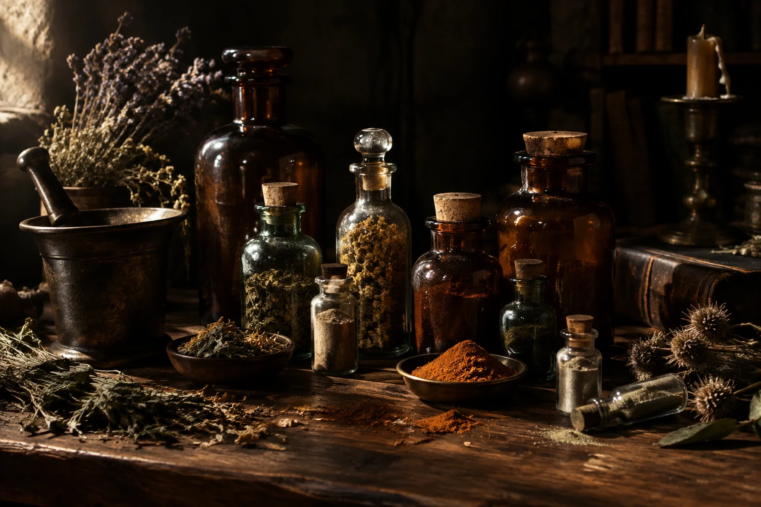 The Panic That Made France Think Poison Was Everywhere 3 A still-life illustration of 17th-century apothecary bottles and vials on a wooden table, herbs and powders, dramatic chiaroscuro lighting, historically inspired, no text.