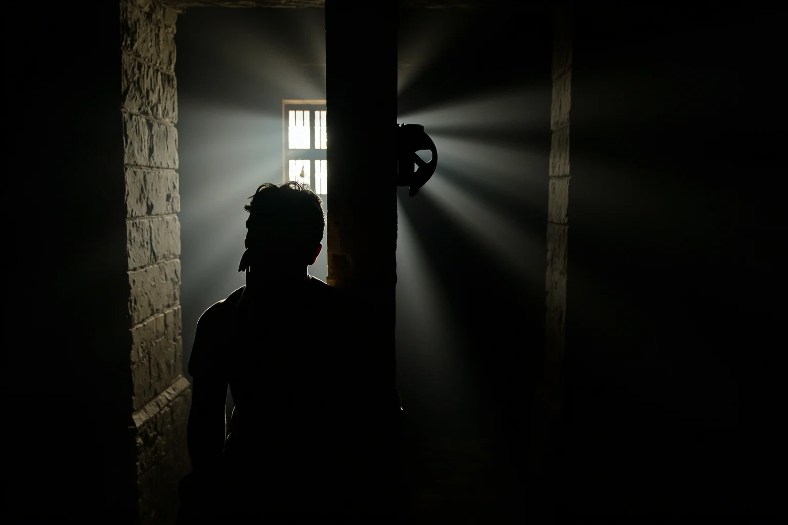 A stone prison cell with a blindfolded figure in silhouette beside a pillar, shafts of light through a barred window, classical tragedy mood, faces not visible.