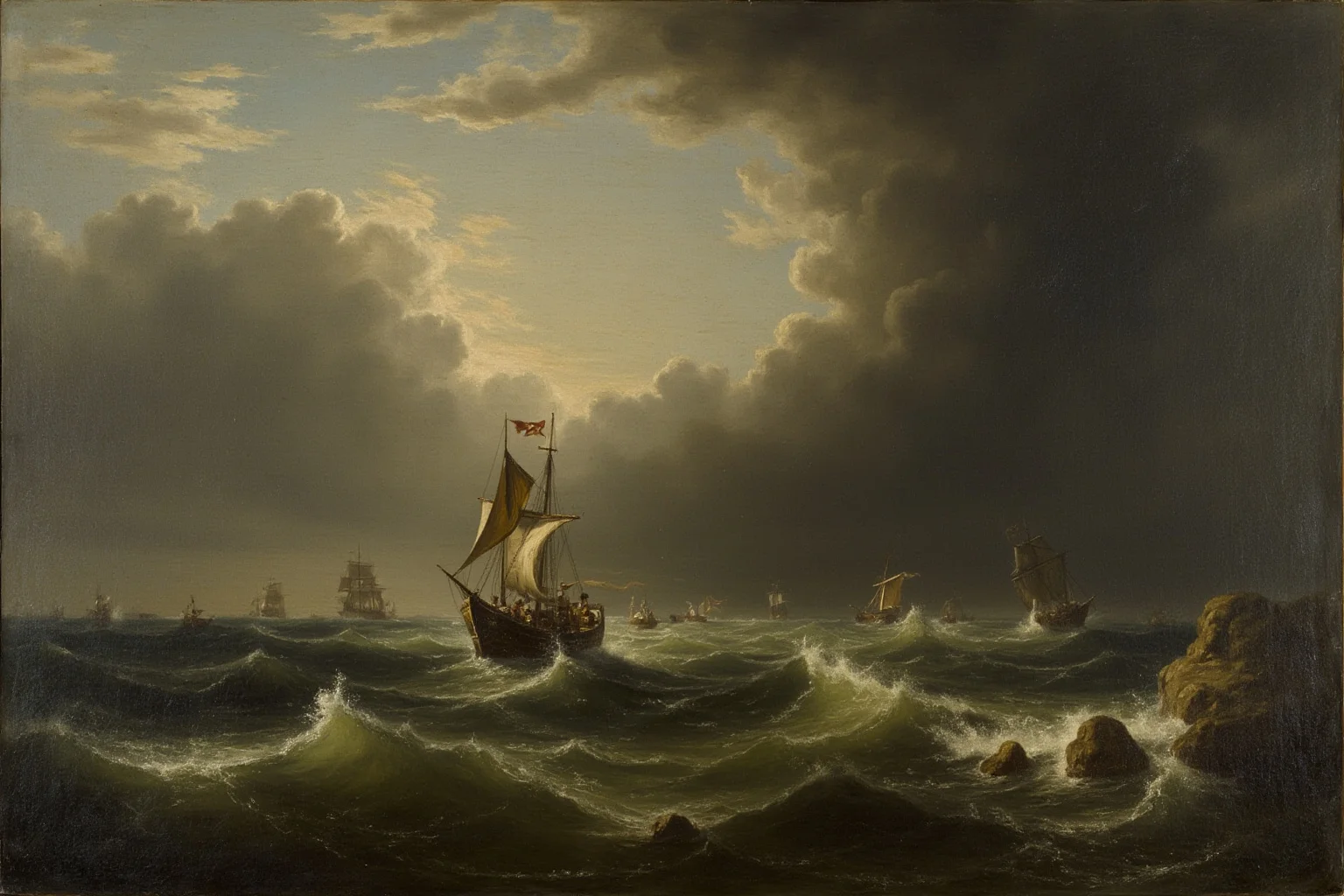 22 Famous Paintings That Were Stolen — Including 10 That Were Never Recovered 15 A stormy sea in the style of a 17th-century Dutch marine painting, a small wooden boat with figures battling waves under heavy clouds, dramatic painterly light.