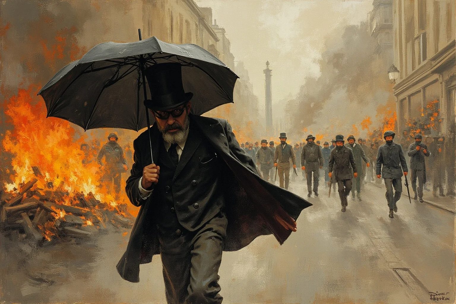 A stout bourgeois king with an umbrella hurrying through a Paris street of barricades and smoke, top hat low over his face, impressionist style.