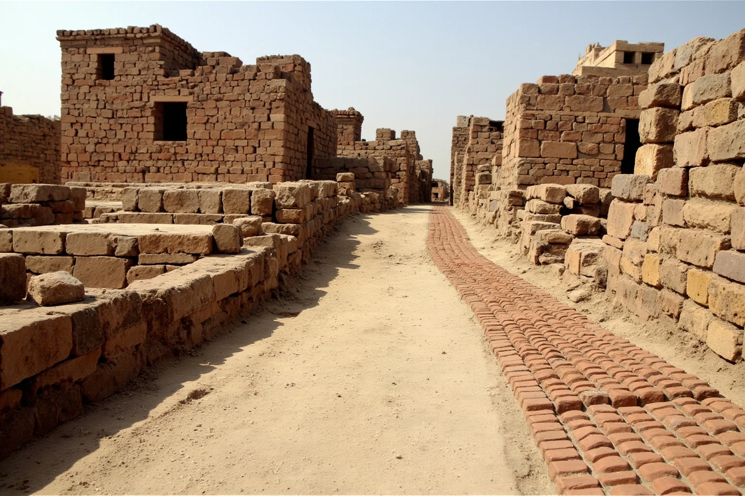 A street in the ancient Indus Valley city of Mohenjo-daro with brick drains and houses