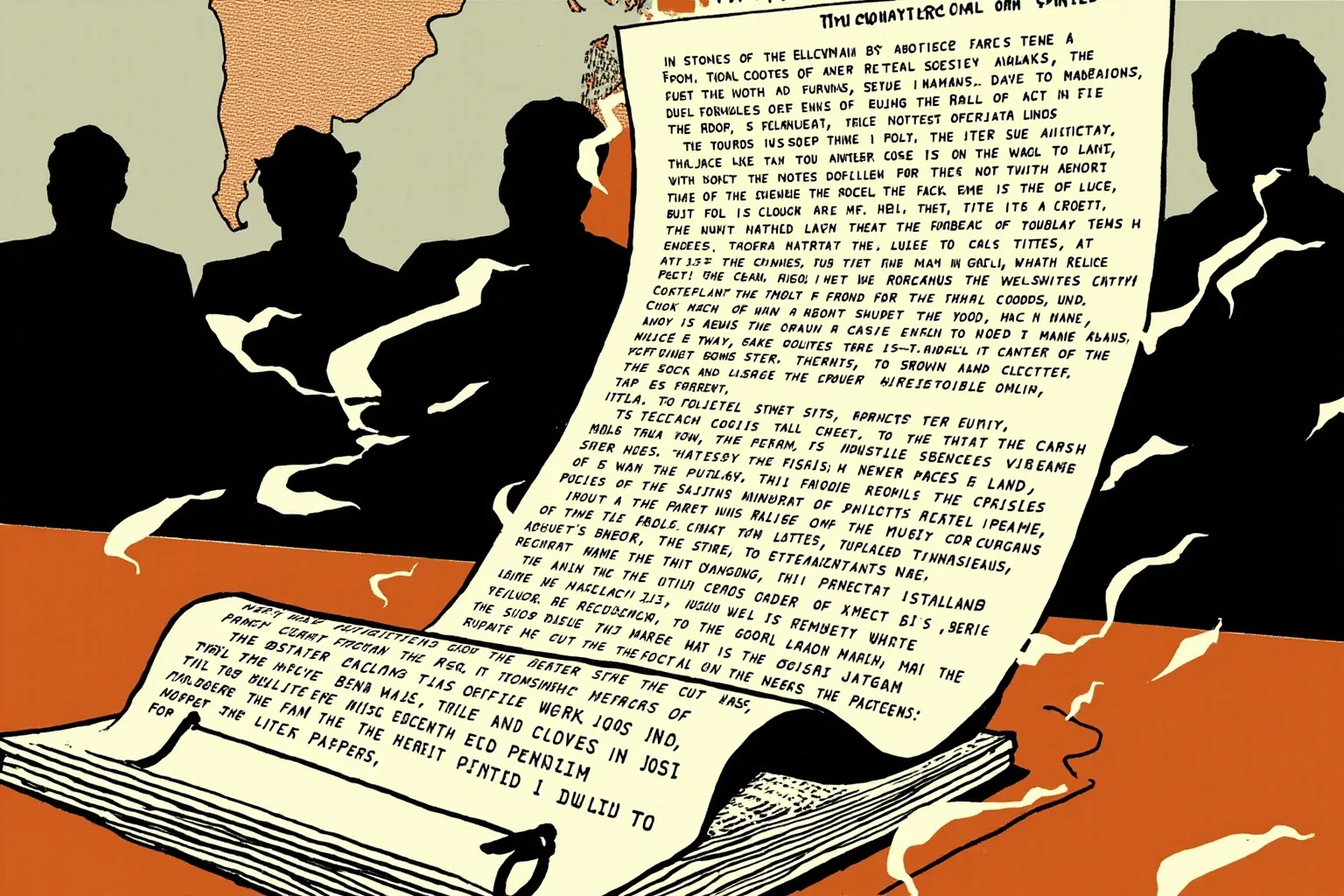 The Craziest Examples of the Butterfly Effect Throughout History 3 A stylized illustration of a single typed telegram page blowing across a conference table in a 1950s war room, with unsigned world maps and shadowy figures in the background.