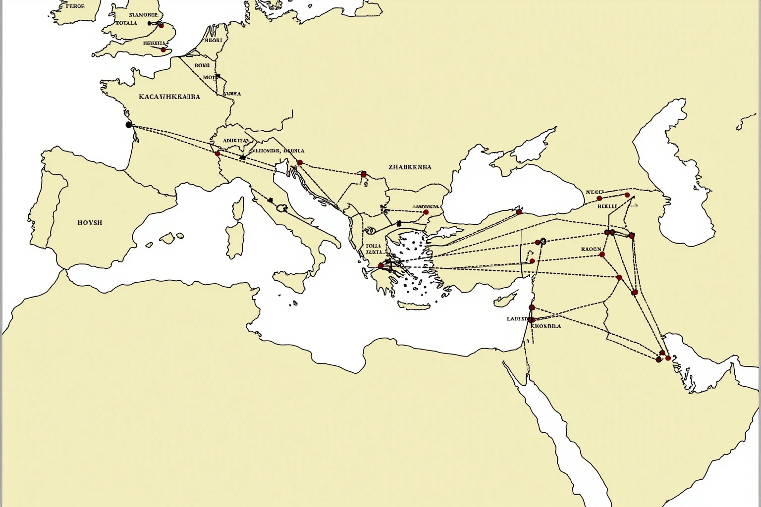 A stylized map of the Roman Empire showing pigeon relay stations connected by dotted lines across Europe, North Africa, and the Middle East