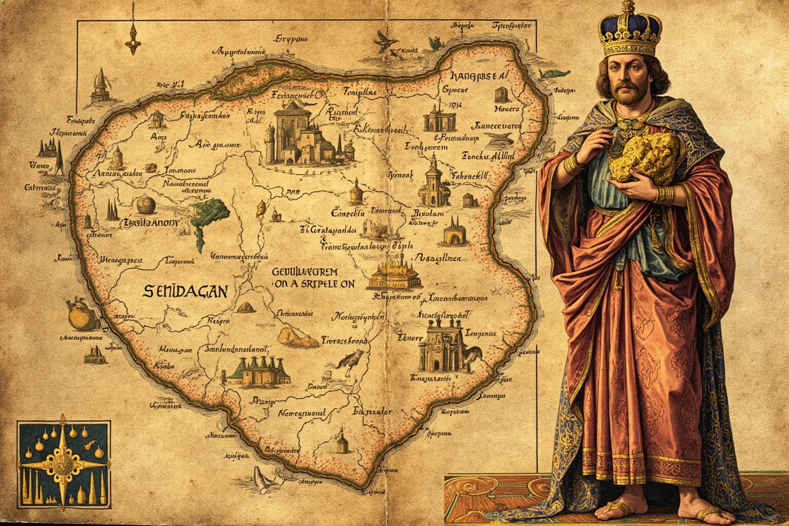 Mansa Musa: The African King Who Became the Richest Man in History 3 A stylized medieval map in the manner of the Catalan Atlas showing a crowned African ruler holding a large gold nugget, parchment texture, rich colors, no real person depicted