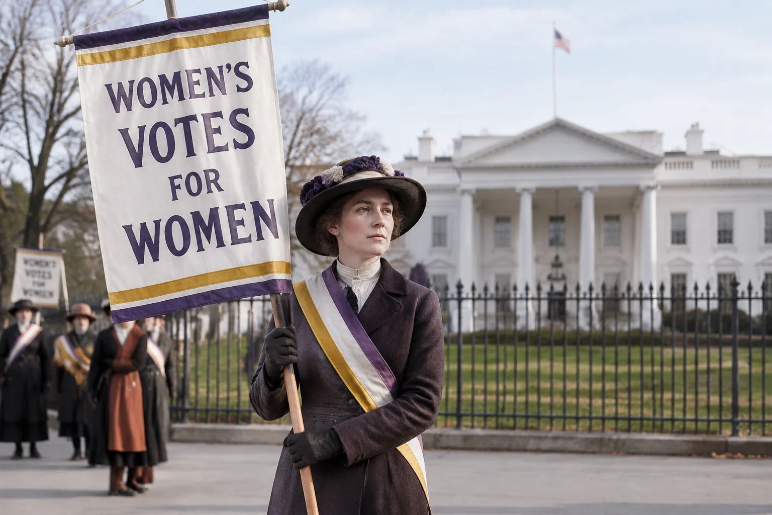A suffragist picketing the White House during WWI, holding a banner for women's votes, safe for work.