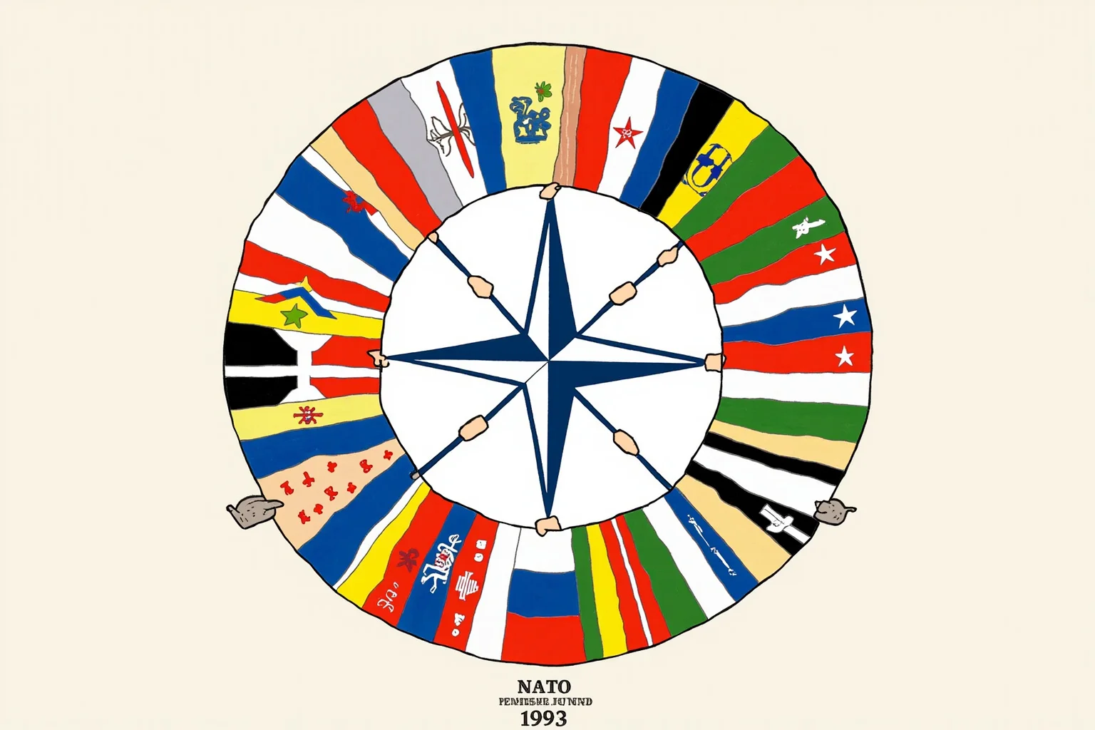 A symbolic illustration of a circle of allied flags joined by a chain of hands, representing the founding of NATO in 1949.