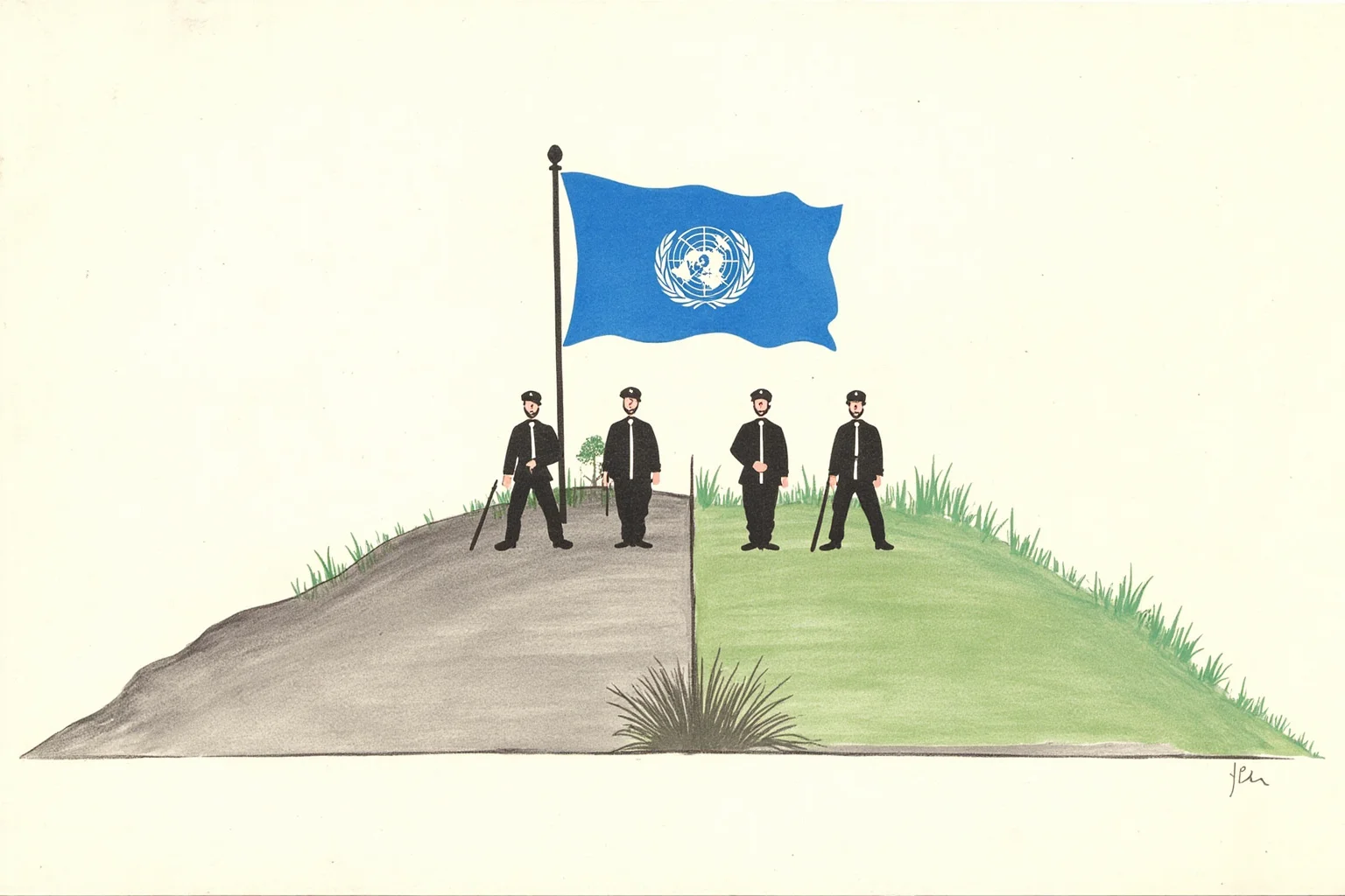 A symbolic illustration of a divided peninsula with soldiers standing guard under a United Nations flag, representing the Korean War commitment.