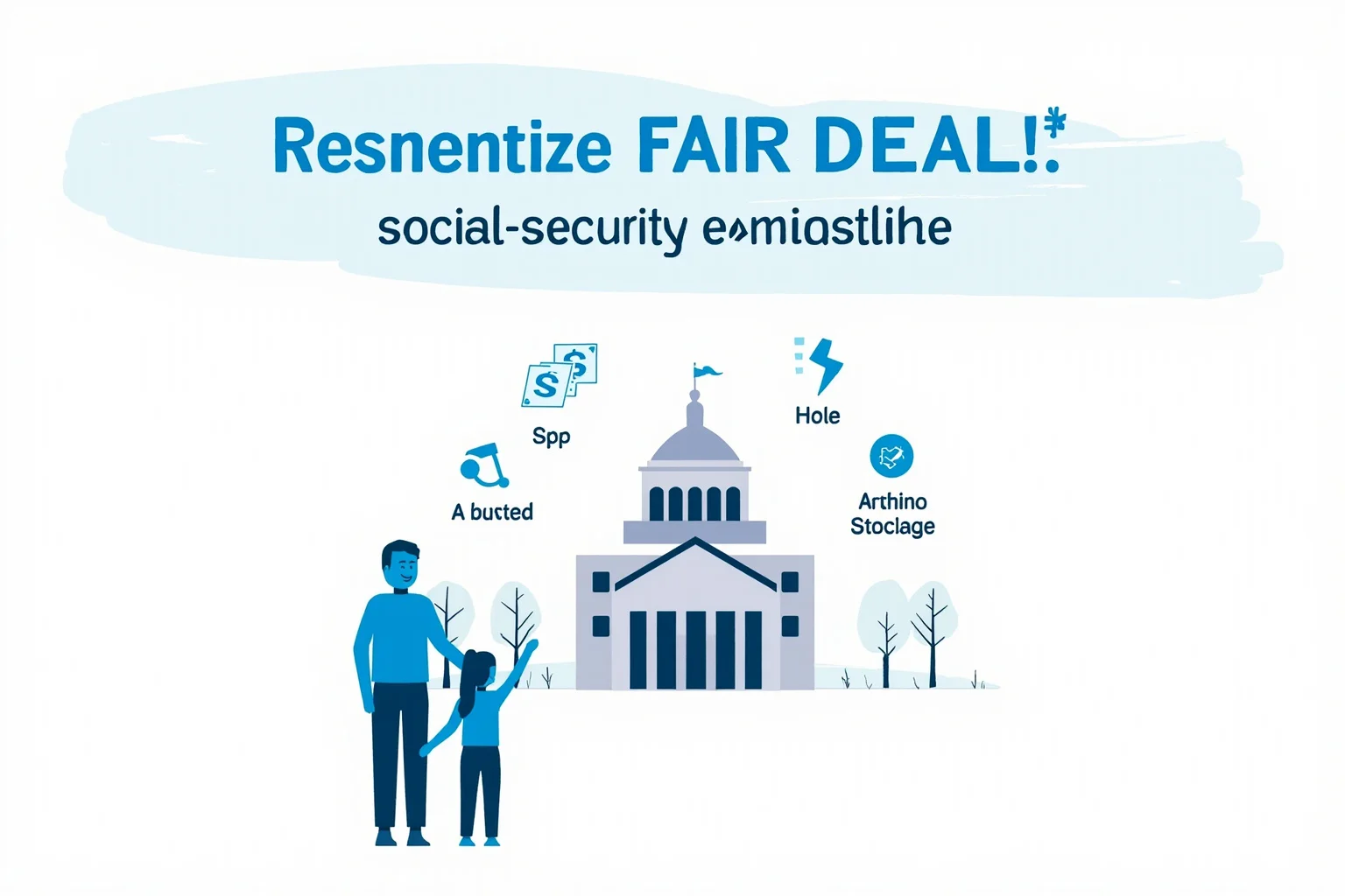 A symbolic illustration of a government building with a family receiving benefits, representing the Fair Deal and Social Security expansion.