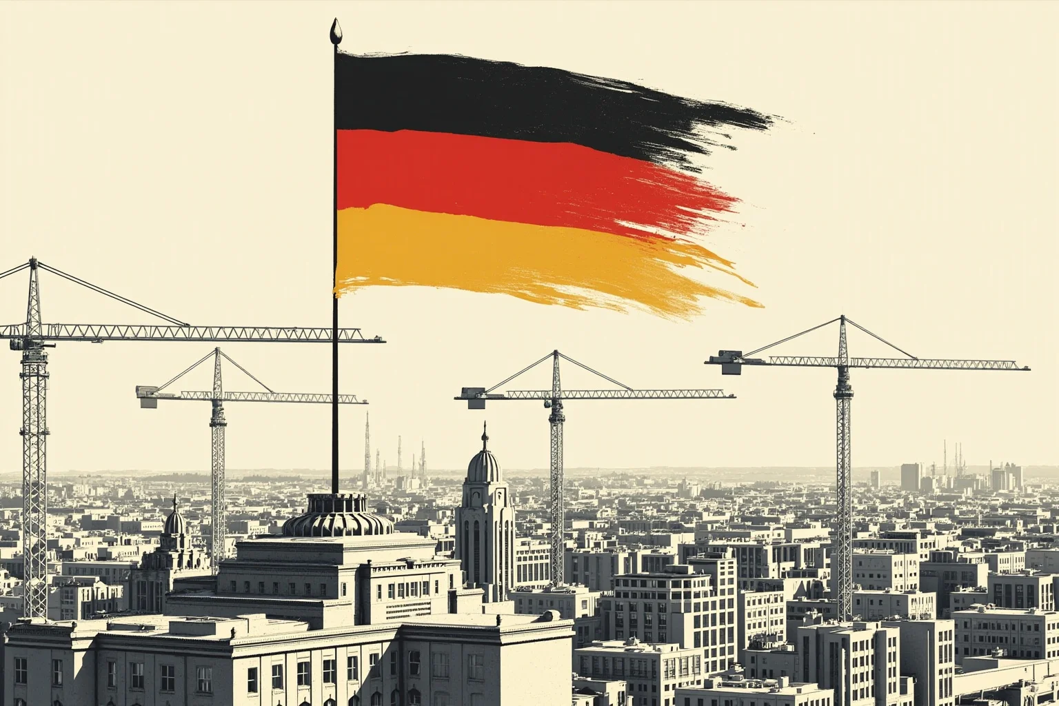 A symbolic illustration of a rebuilt German city with a new flag rising over construction cranes, representing the creation of West Germany.