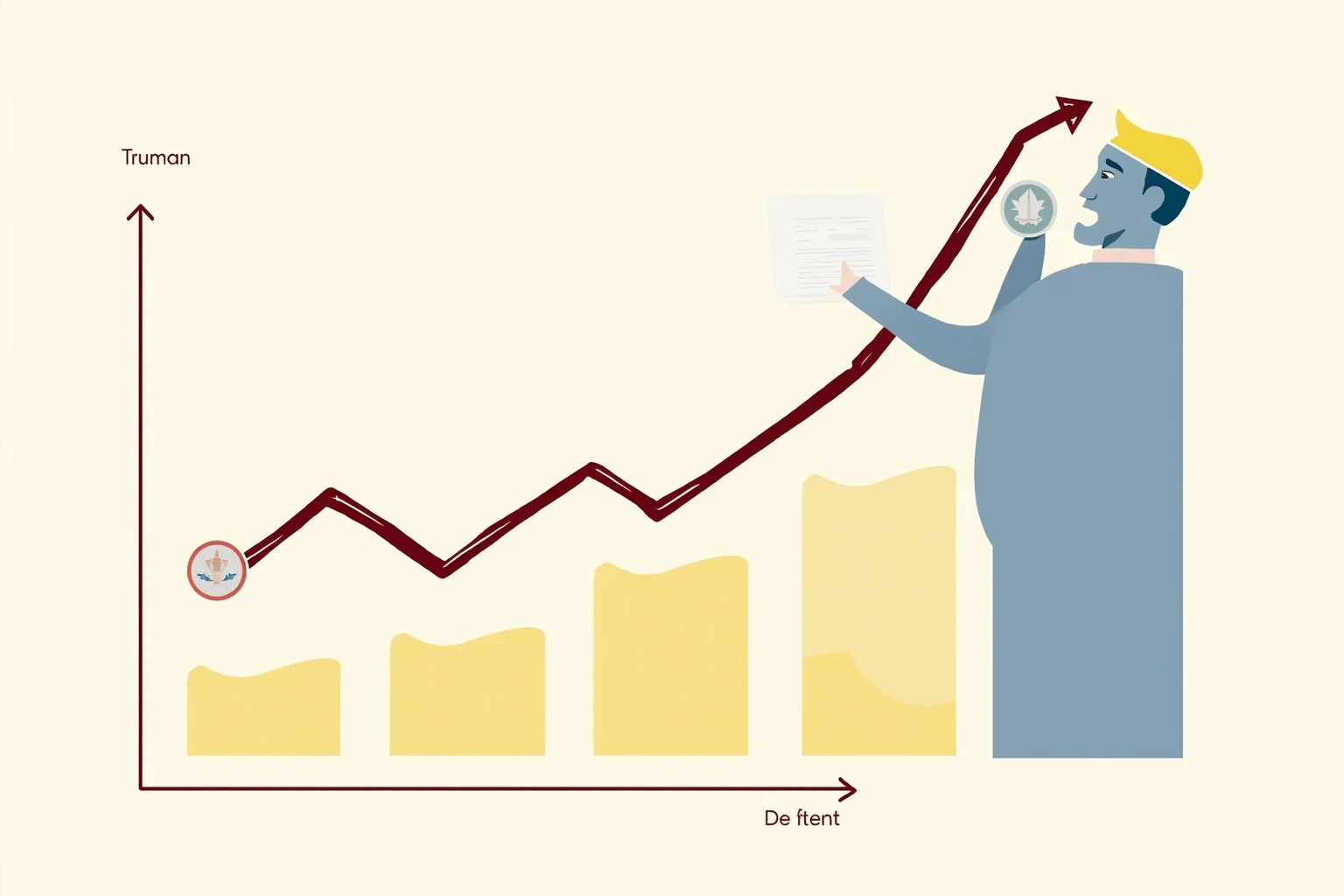 A symbolic illustration of a rising line on a historical chart with a presidential seal, representing Truman's rising historical rankings.