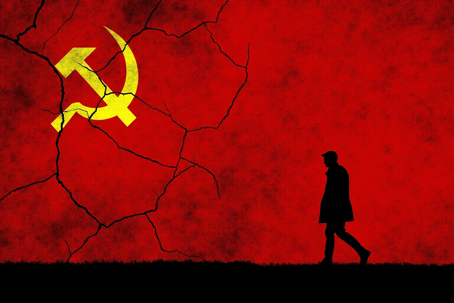 A symbolic image of a cracked Soviet flag with a shadowy figure walking away.