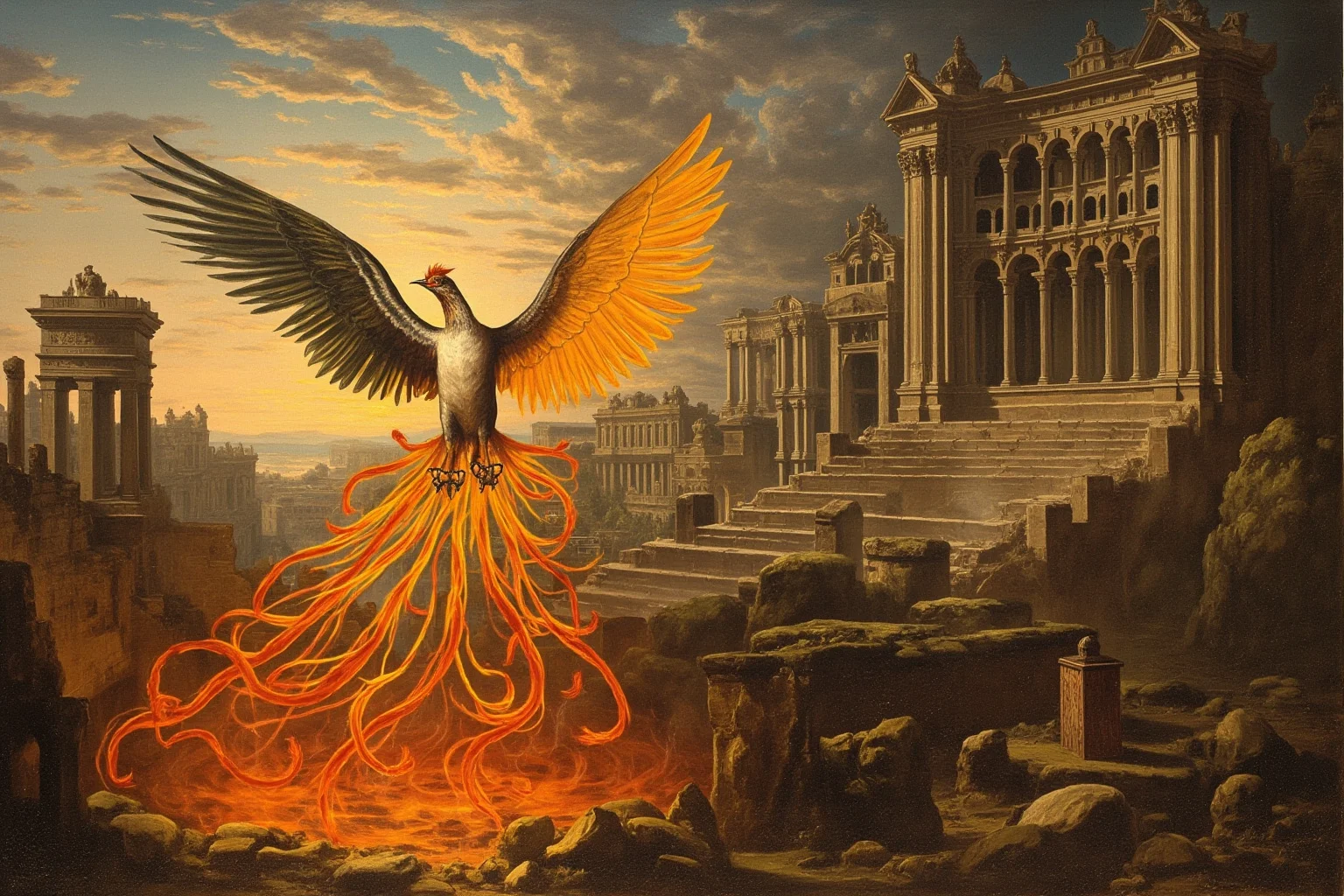 A symbolic image of rebirth: a phoenix rising from medieval ruins, with Renaissance architecture in the background, allegorical painting