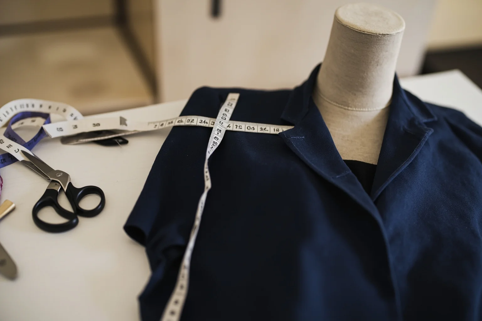 A tailor's workshop with scissors, measuring tape, and a half-finished dark suit on a dress form, no people.