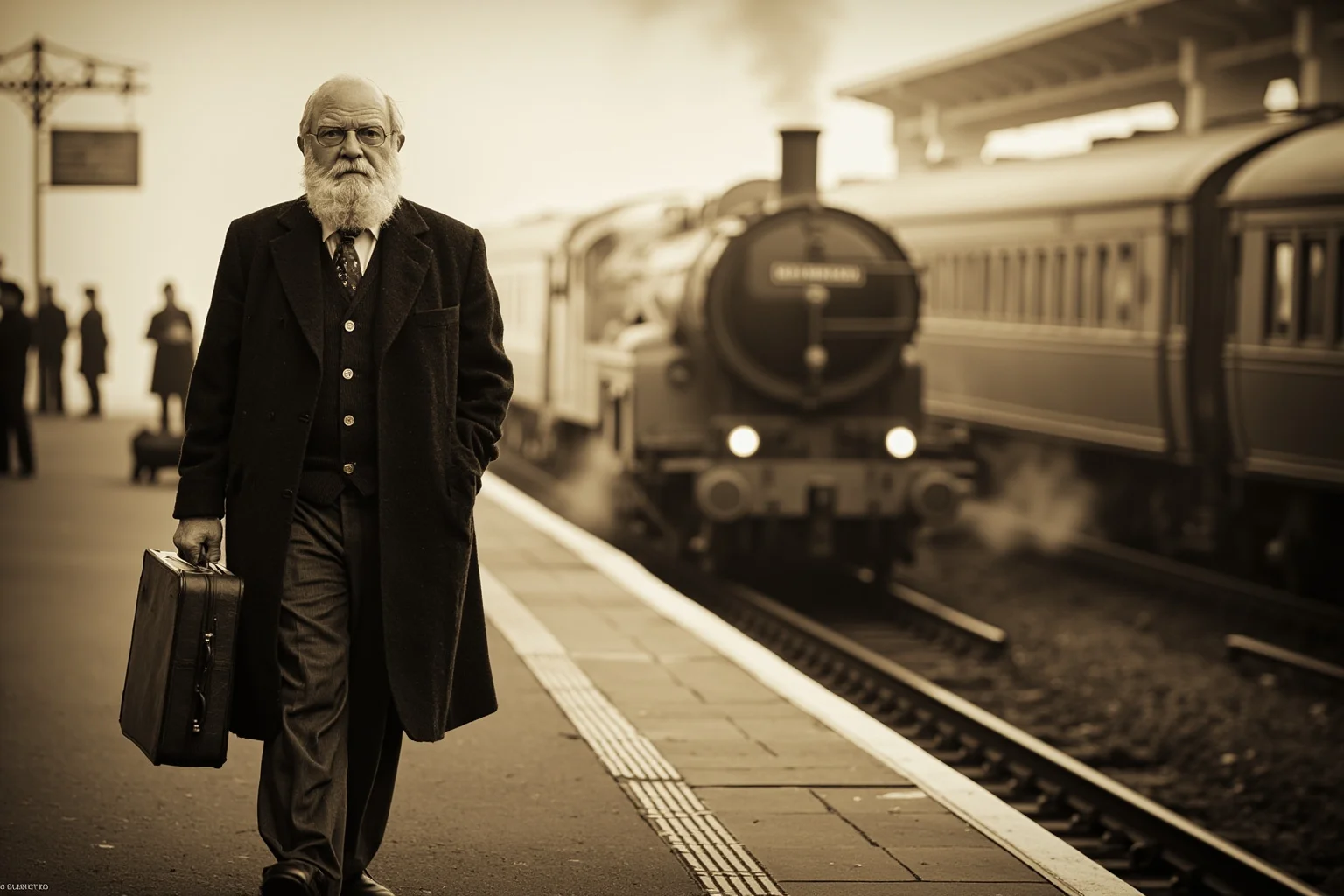 A tall bearded king with a suitcase standing alone on a steam-era railway platform, porters and a departing train in the background, muted sepia tones.