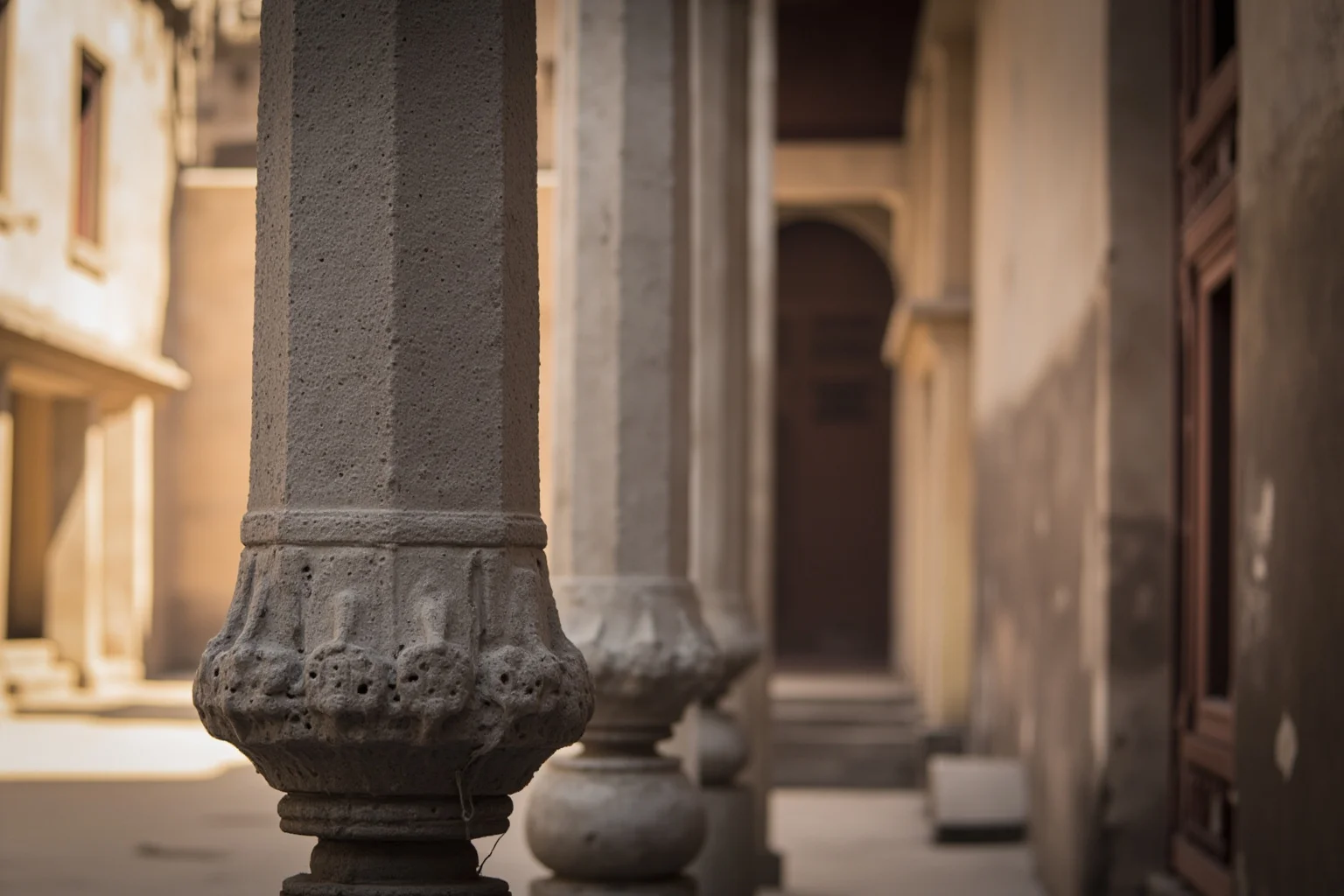 A tall iron pillar with a smooth, rust-free surface, standing in an ancient courtyard, with intricate carvings at the base, soft morning light.
