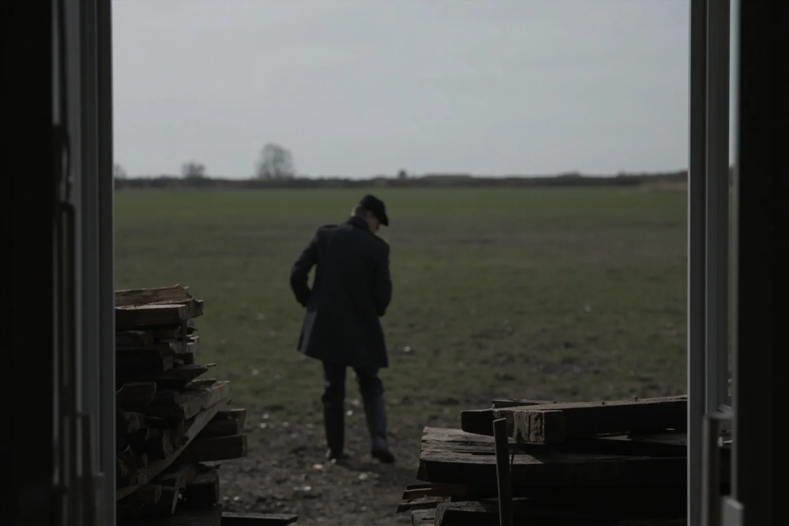 A tall uniformed figure seen from behind chopping firewood in the courtyard of a Dutch country estate, flat northern sky, subdued greens and greys.