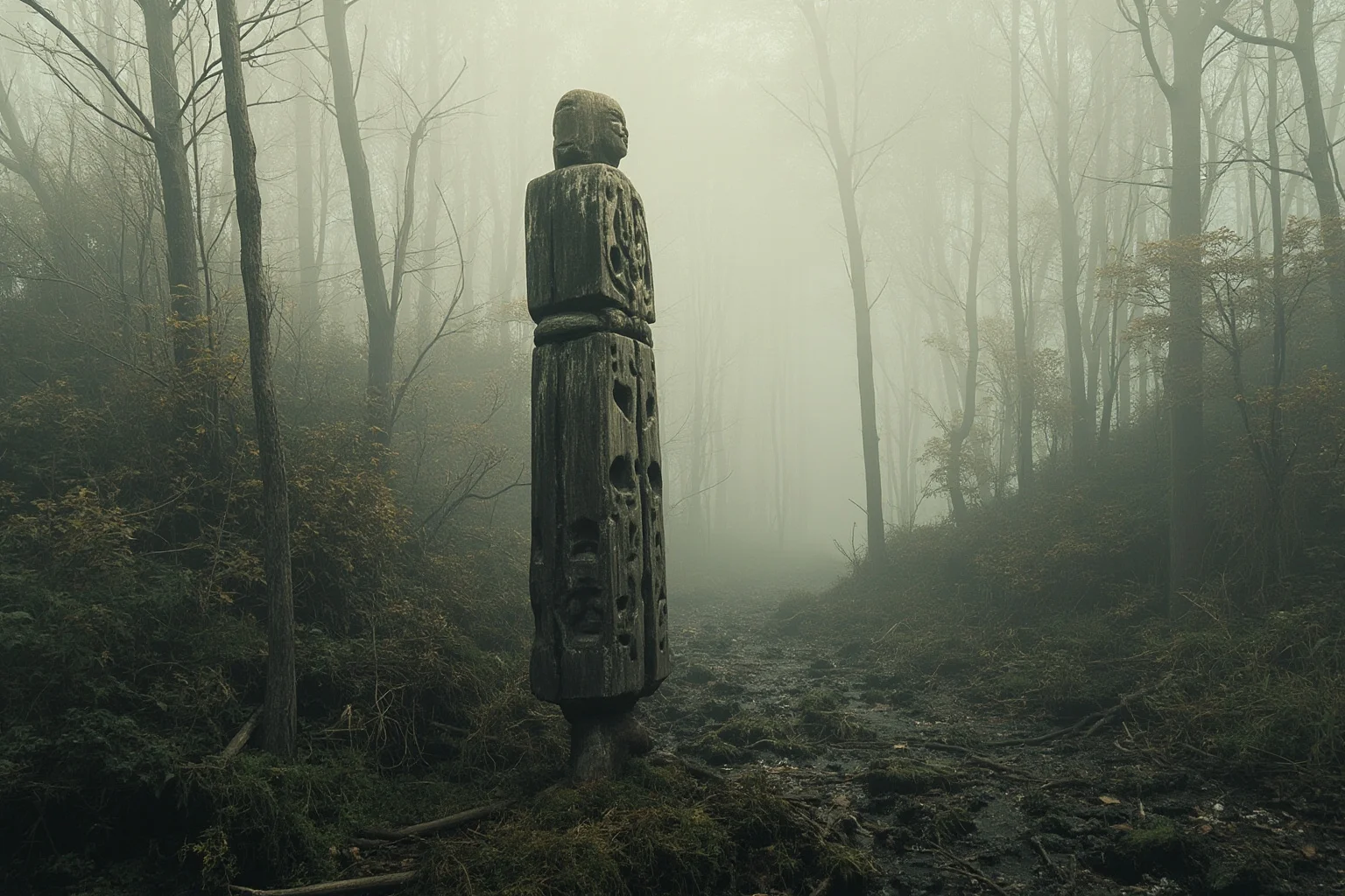 A tall wooden idol covered in geometric patterns and faces, standing in a peat bog, with mist and ancient tools nearby, eerie atmosphere.