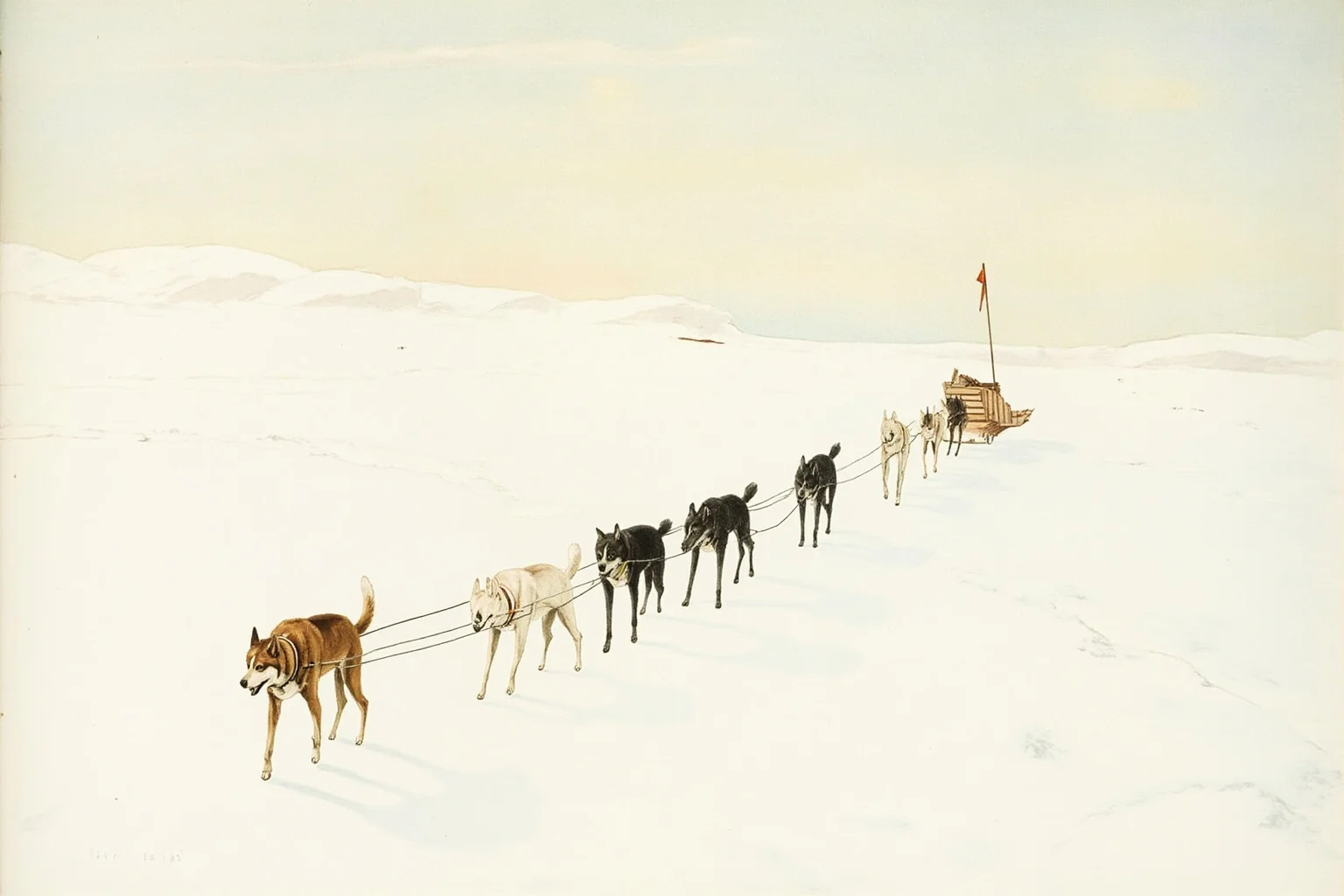 The Deadly Race to the South Pole: Amundsen vs. Scott's Frozen Tragedy 2 A team of sled dogs pulling loaded sledges across a vast white Antarctic plateau under a pale sky, with a lone small flag in the distance, early 20th century expedition illustration