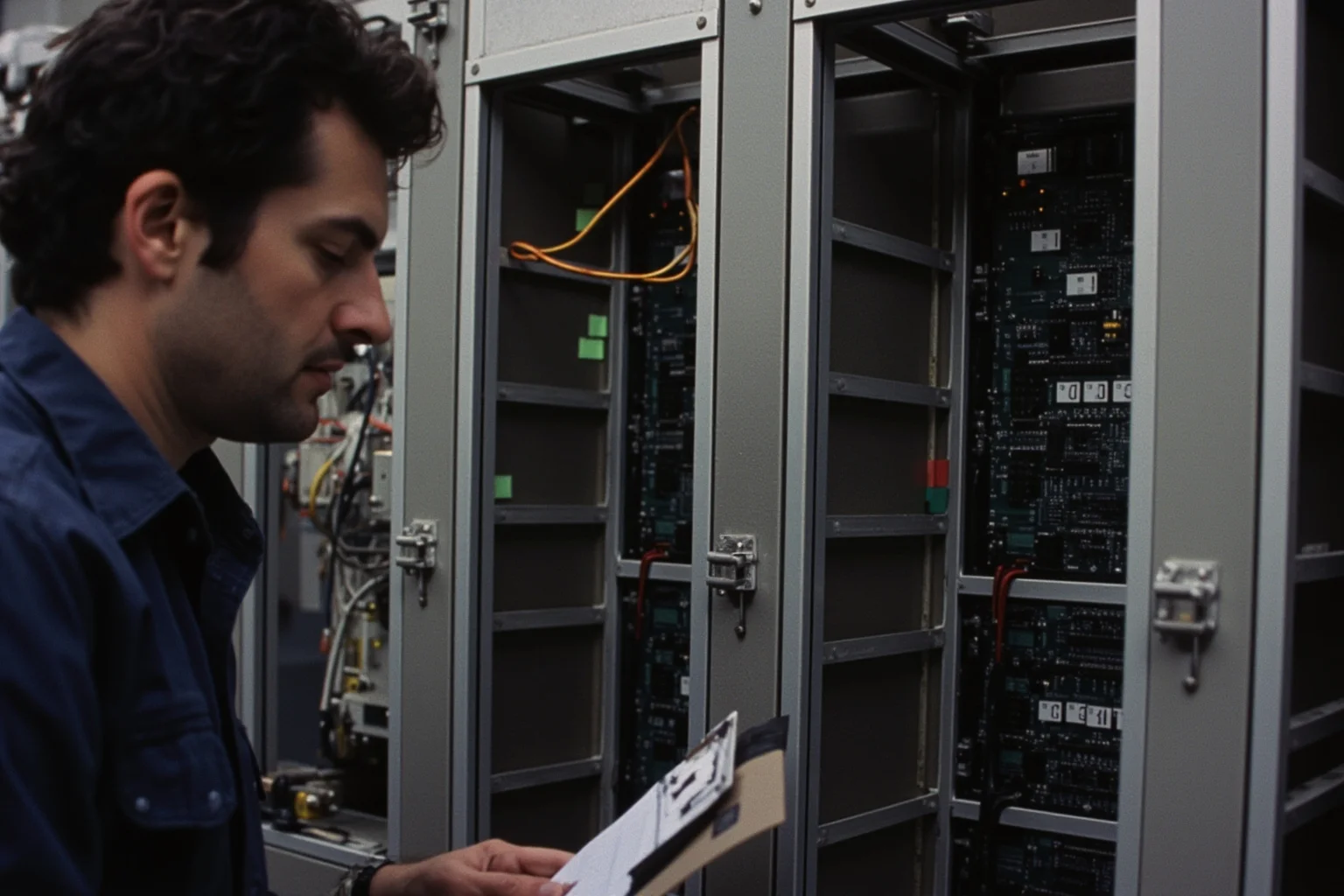 A technician with a clipboard inspecting an industrial control panel full of embedded circuit boards inside a factory, mid-1990s documentary look