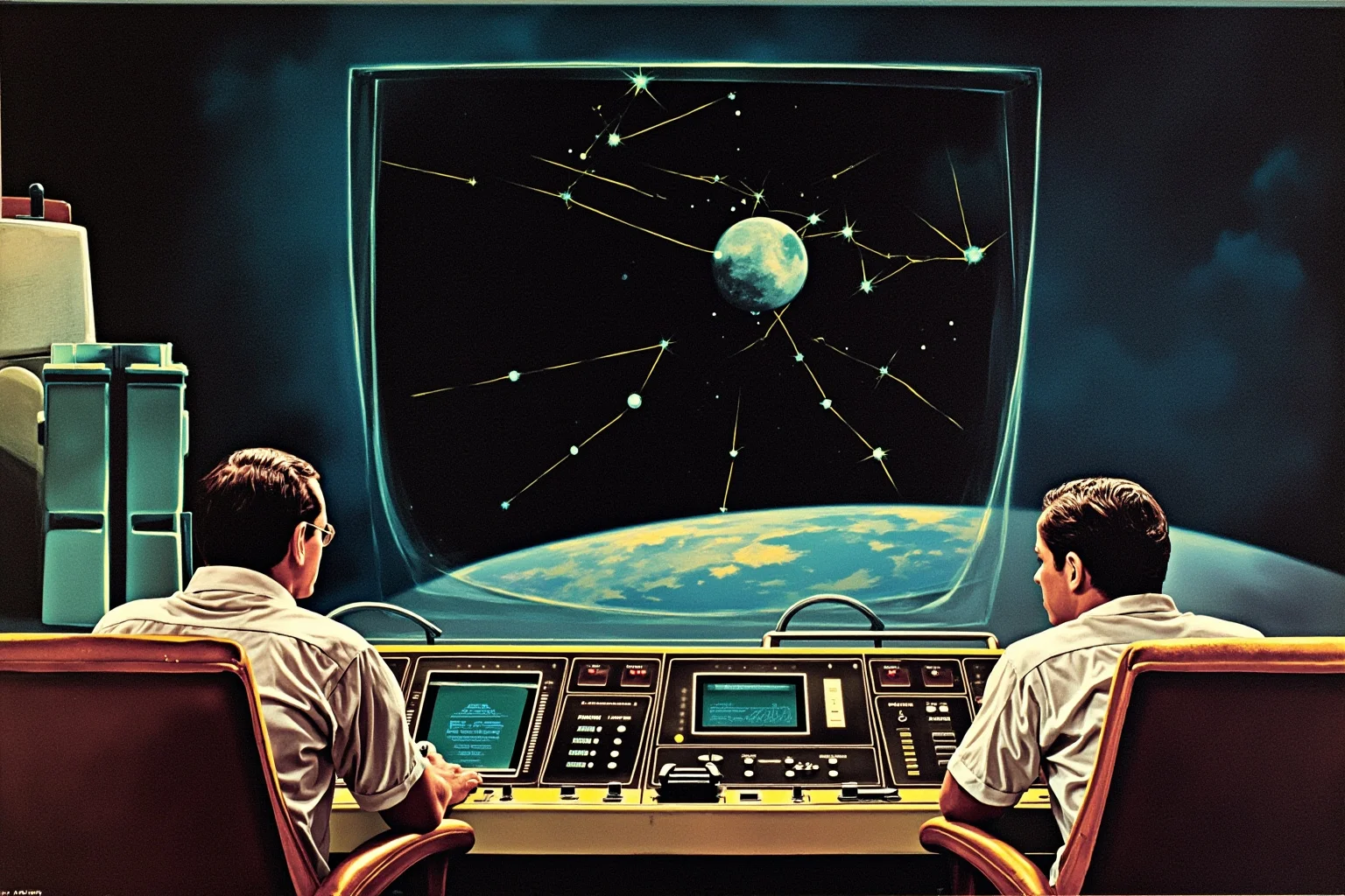 The Craziest Examples of the Butterfly Effect Throughout History 18 A tense 1960s mission control room illustration with glowing computer consoles and an alarm code on a screen, engineers in white shirts staring up at a lunar landing trajectory display.