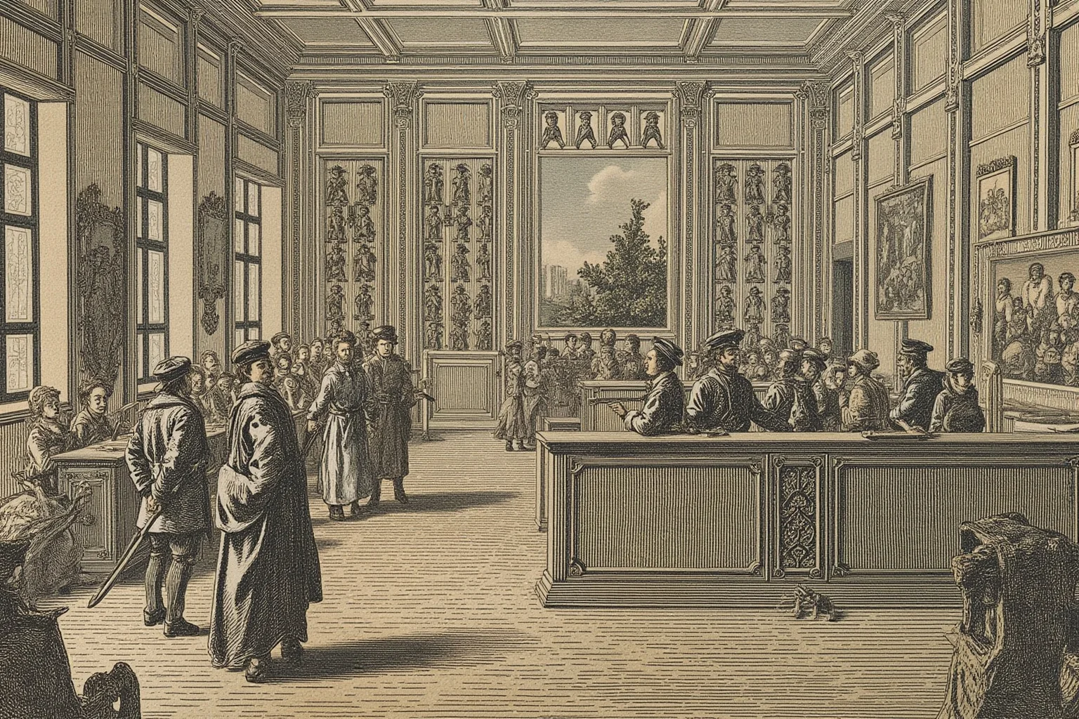 A tense courtroom in eighteenth-century Paris with robed magistrates, stacks of legal documents, and a crowd gathered outside, rendered as a detailed period illustration