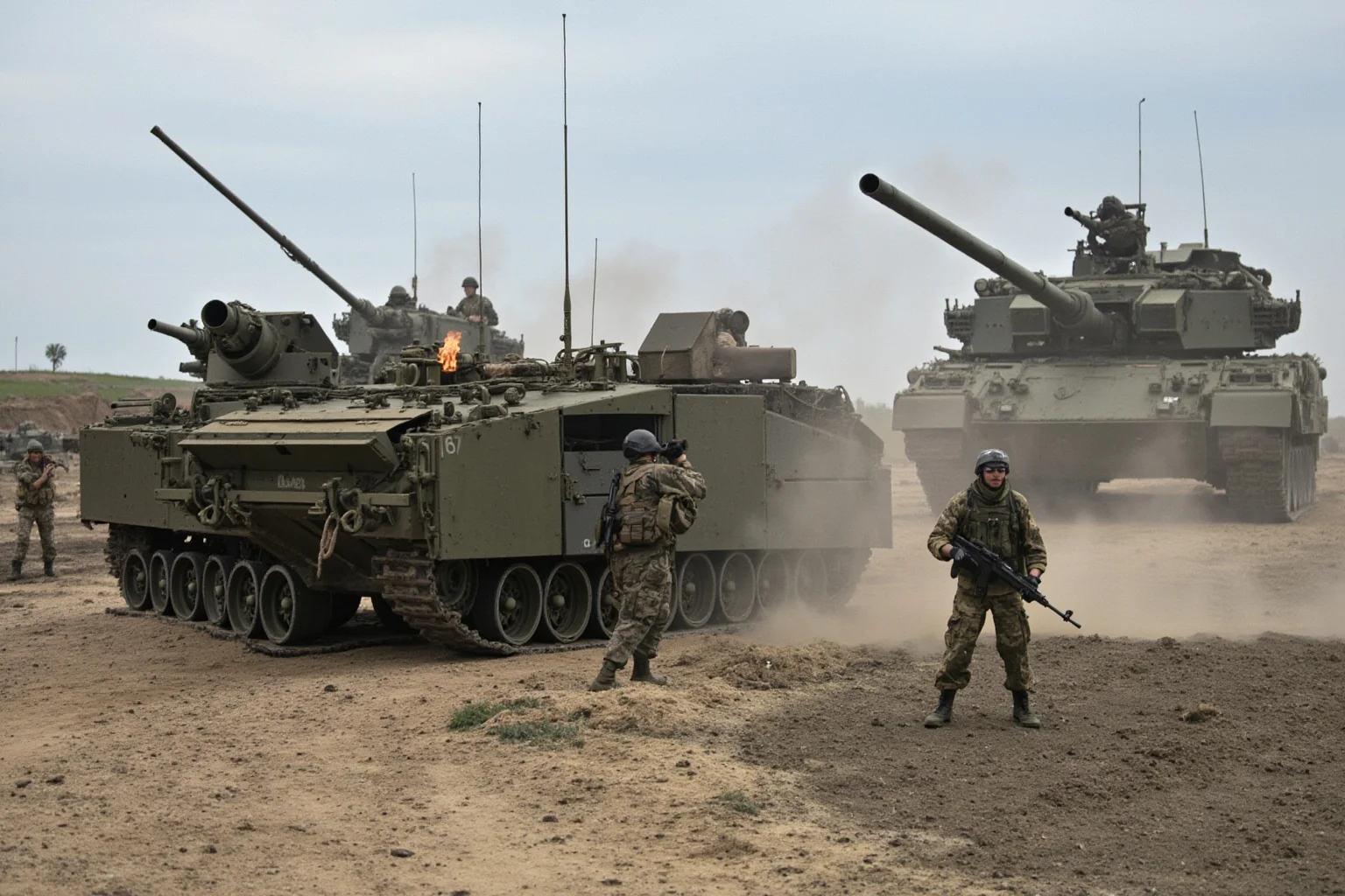 A tense scene of NATO military exercise with tanks and soldiers.