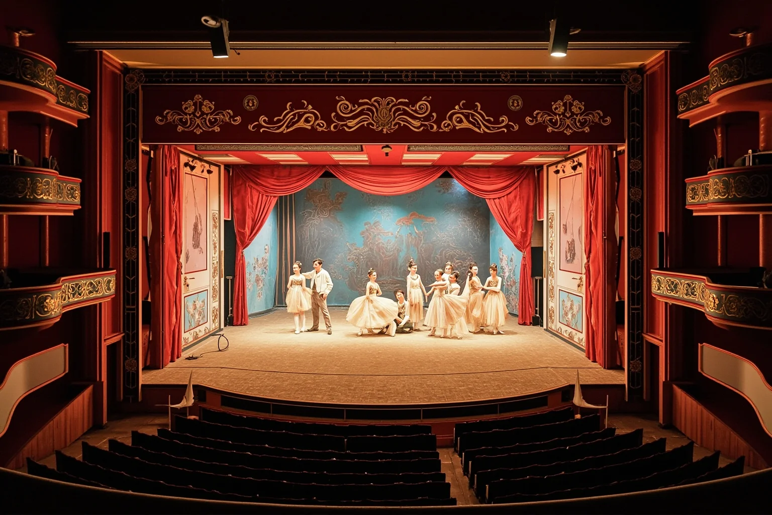 A theatre stage with a vast painted ballet curtain and dancers in Cubist-inspired costumes, 1917 Paris atmosphere