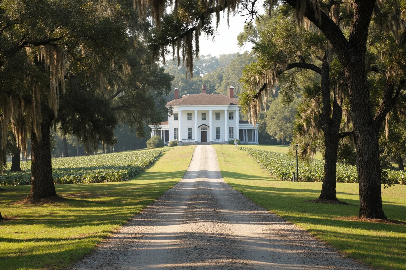Old Money: 24 Hidden Dynasties That Shaped the Course of History 16 A Tidewater Virginia plantation house at the end of a long gravel drive, cypress trees and tobacco fields, hazy summer light, architectural landscape, no people present.