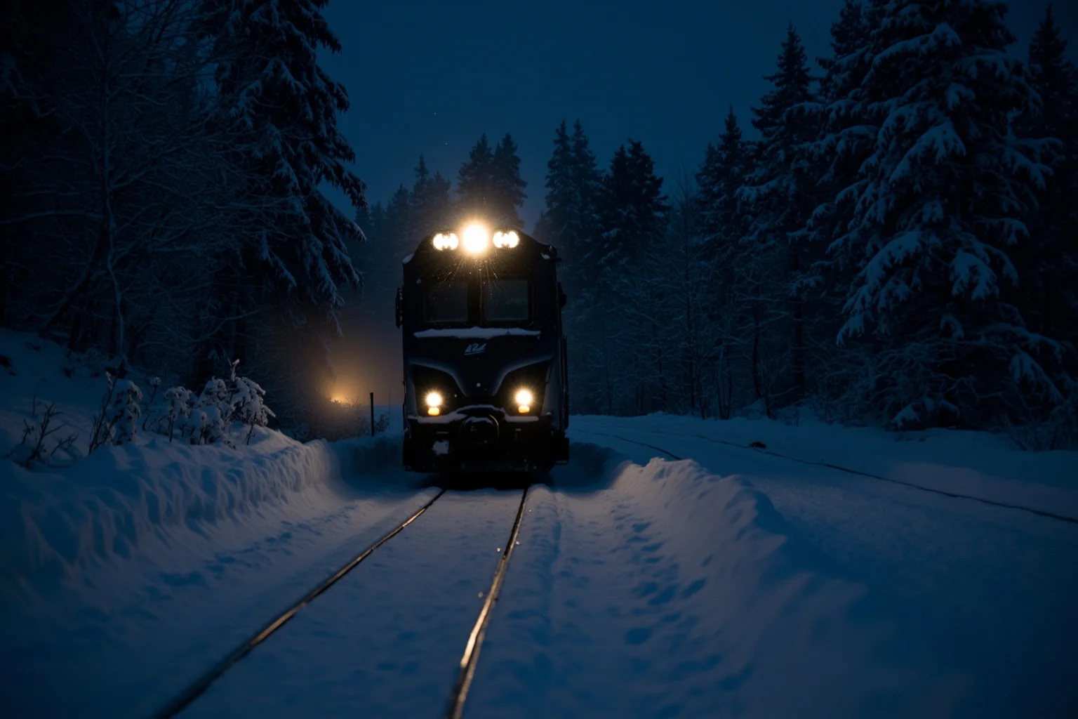 A train speeding through a snowy forest at night.