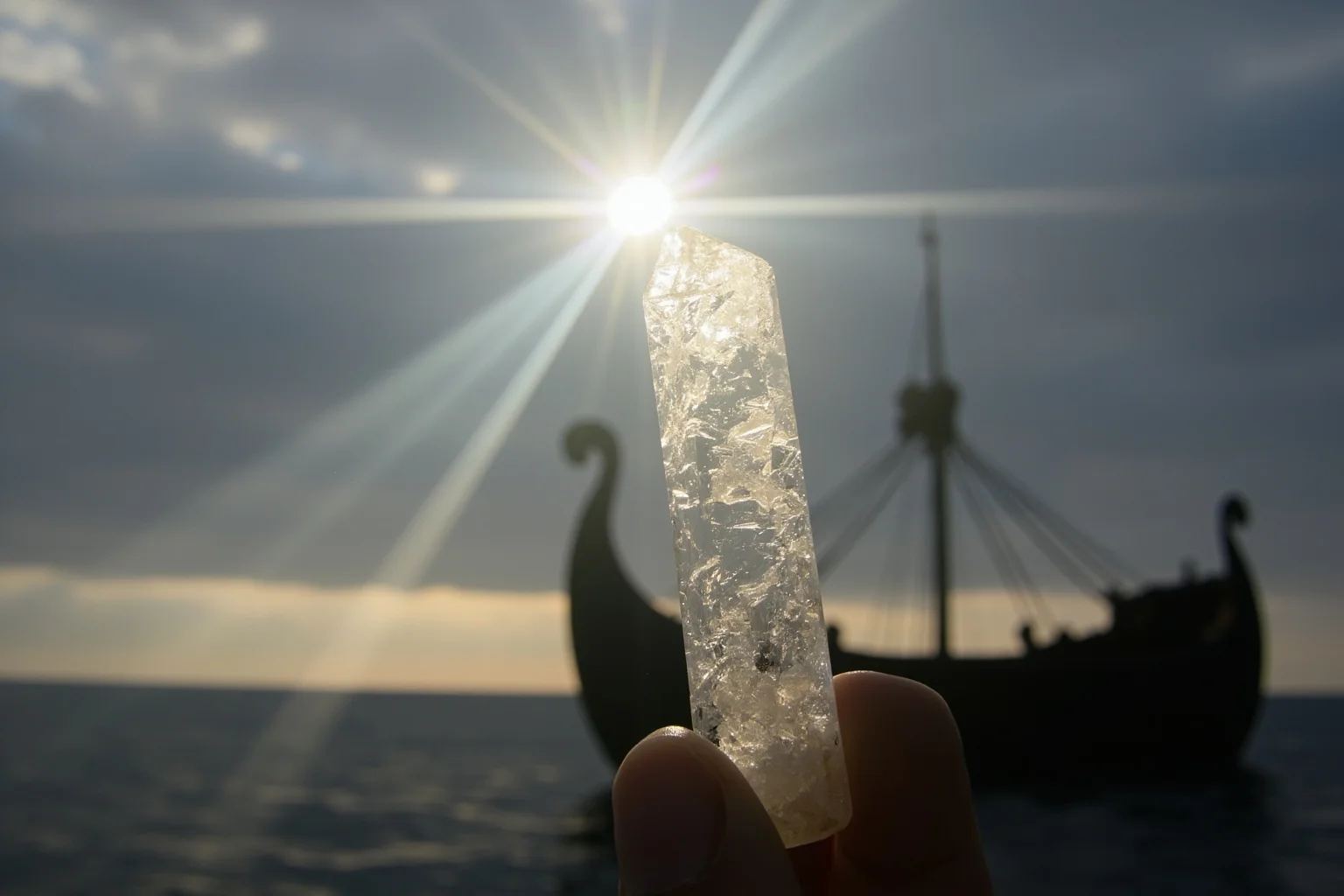 A transparent calcite crystal held up to a cloudy sky, splitting light into two beams, with a Viking longship in the background, atmospheric.