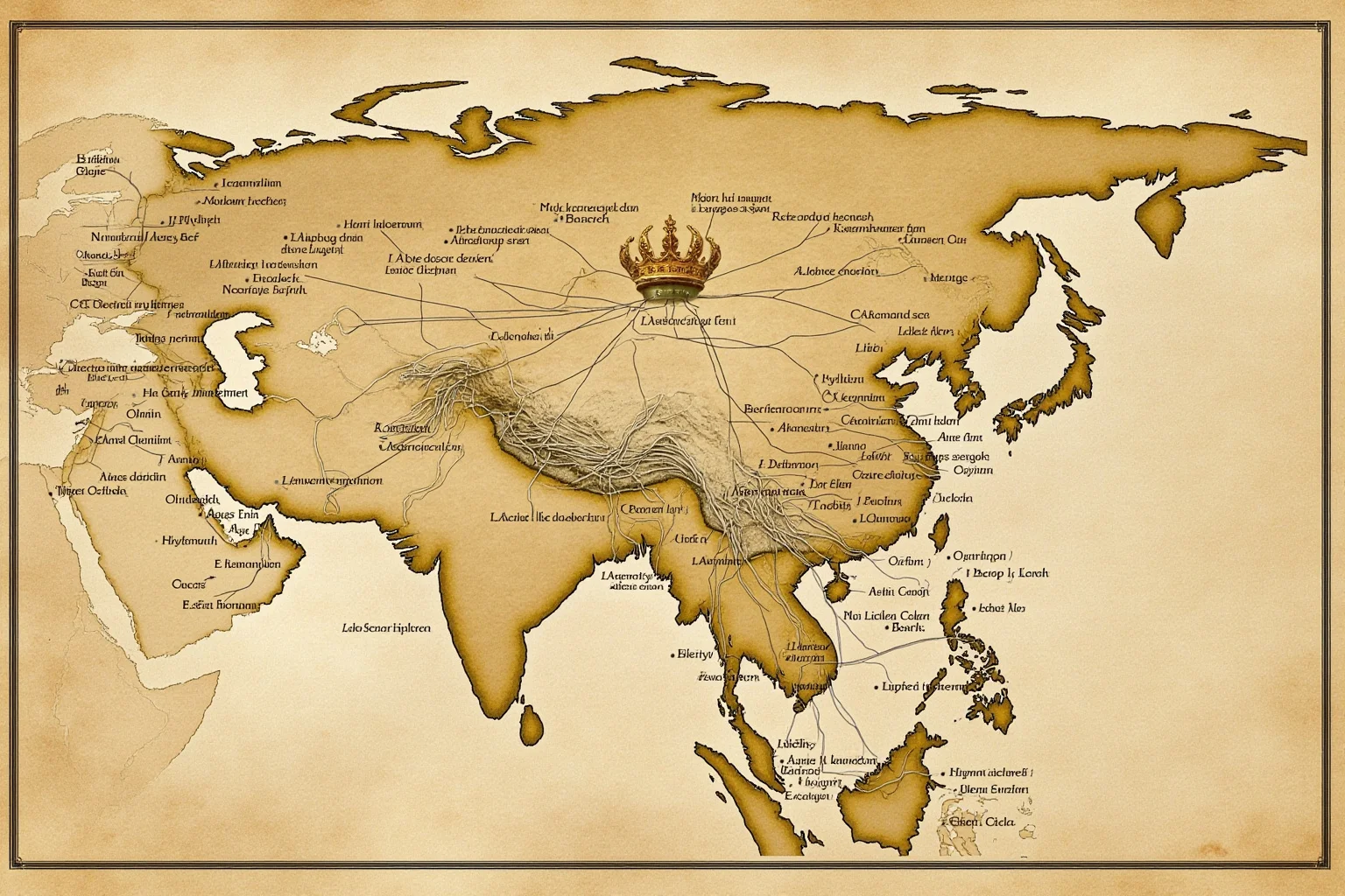 A tree-style family diagram branching widely across a parchment-style map of Eurasia, with a golden crown at the root and DNA strands woven into the branches