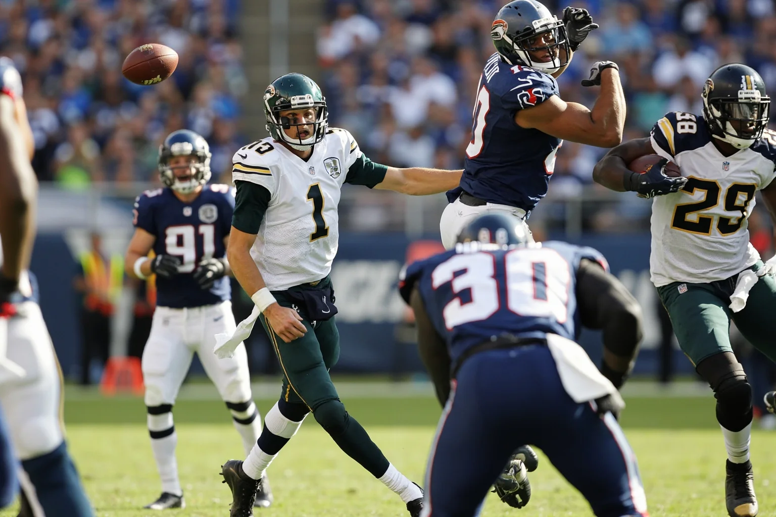 A trick play touchdown pass from a tight end to a quarterback, generic uniforms, no real logos or names, surprised defense.