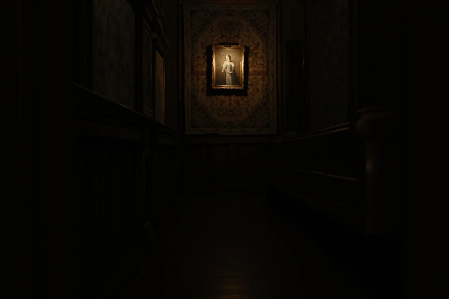 A Tudor-era palace corridor with tapestries and a portrait frame on the wall, dim atmospheric lighting, no people visible.