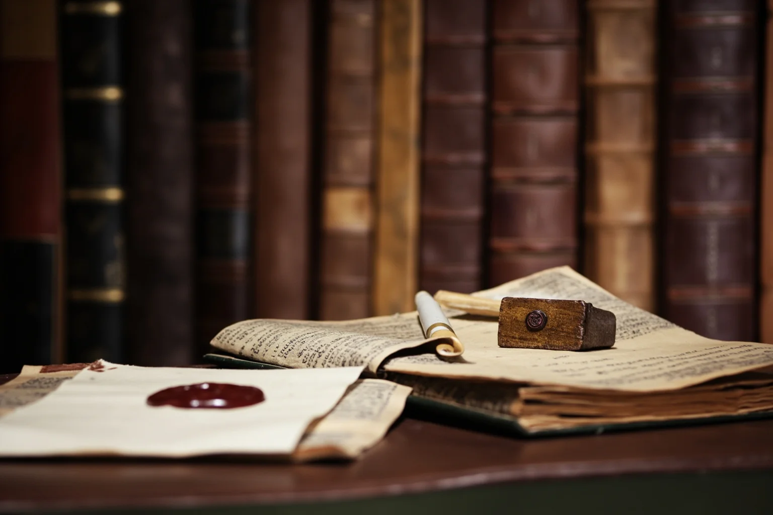 A Tudor noble's study with leather-bound books, a wax seal, and a quill on a desk, no people visible.