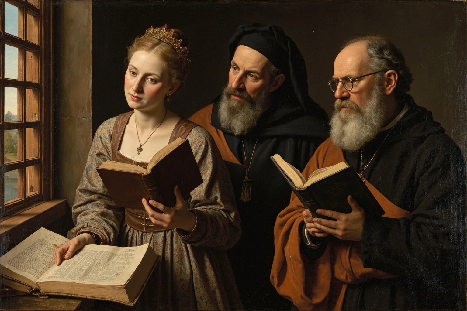 20 Facts About Anne Boleyn: Myths, History and Real Life 10 A Tudor noblewoman reading an English-language Bible by a window while reformist clergymen converse nearby, painterly style