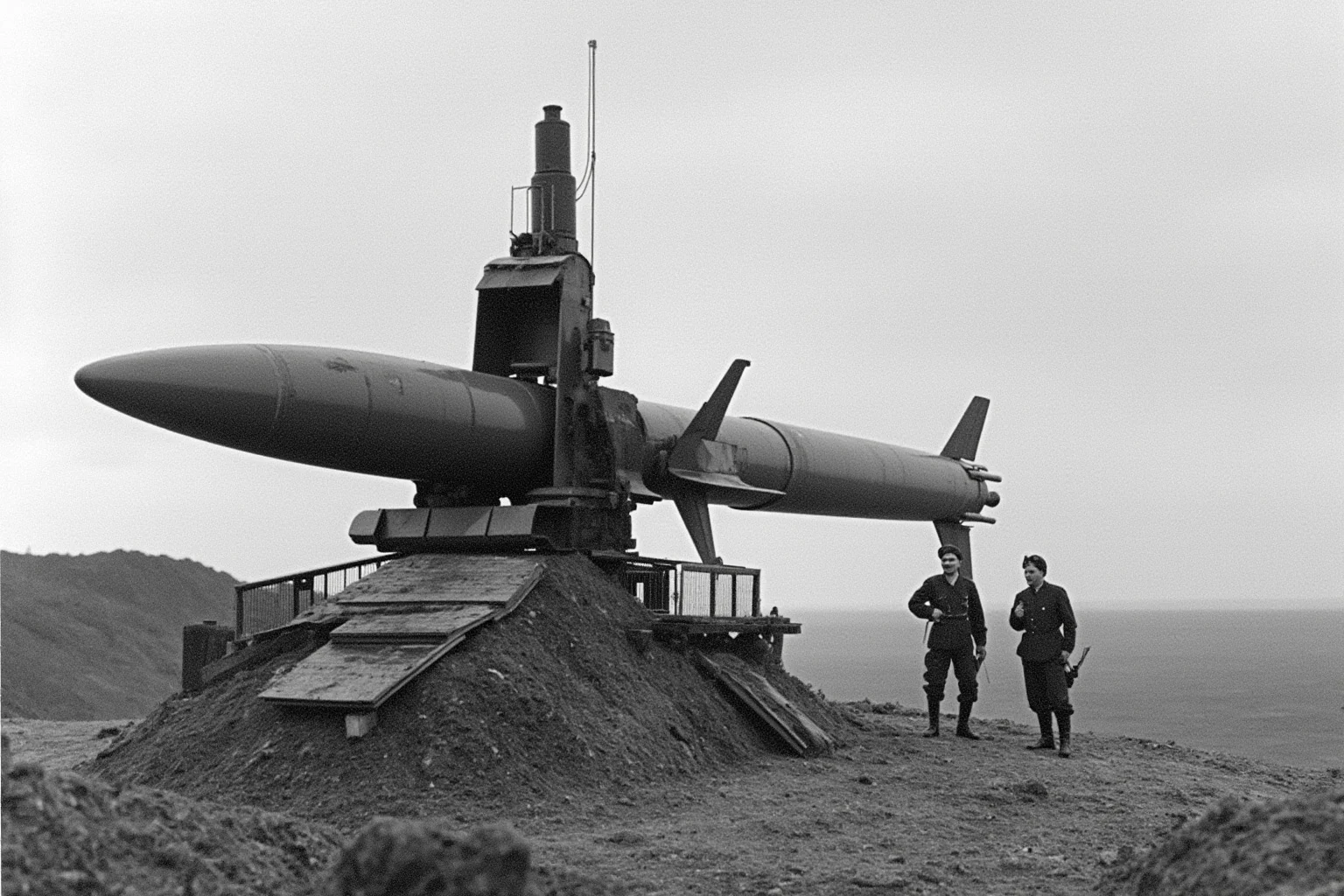 A V-2 rocket on a launch pad in 1944, with German soldiers nearby, historical military art
