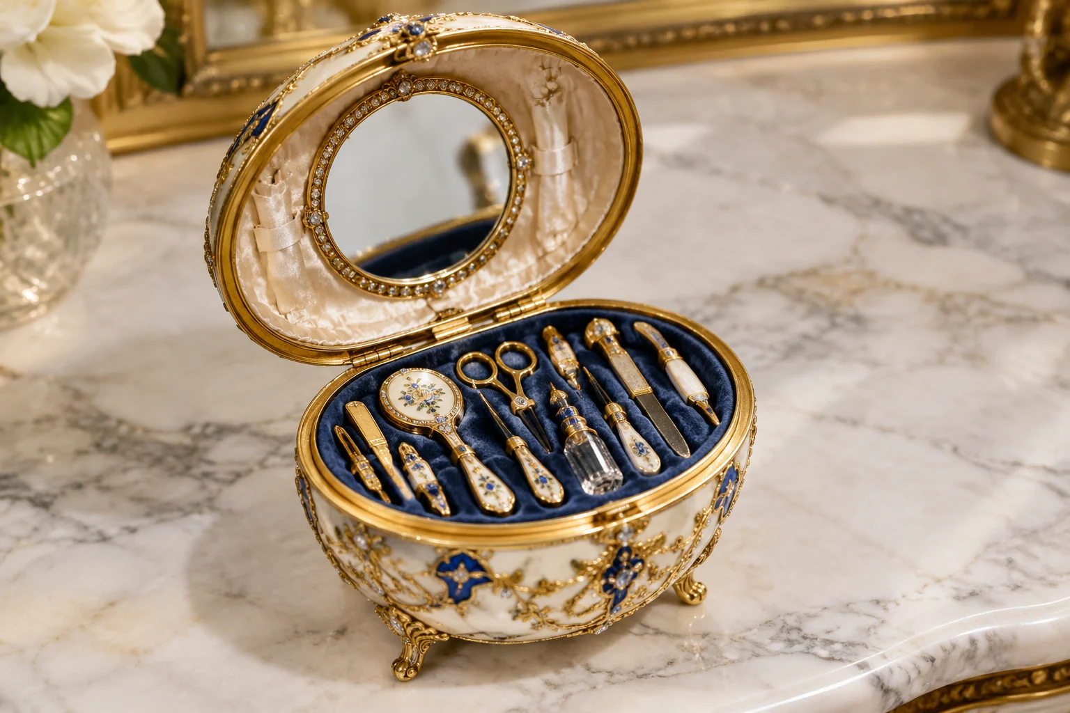 A vanity case egg in gold and enamel, open to show thirteen tiny jeweled implements like a mirror and scissors, on a marble surface.