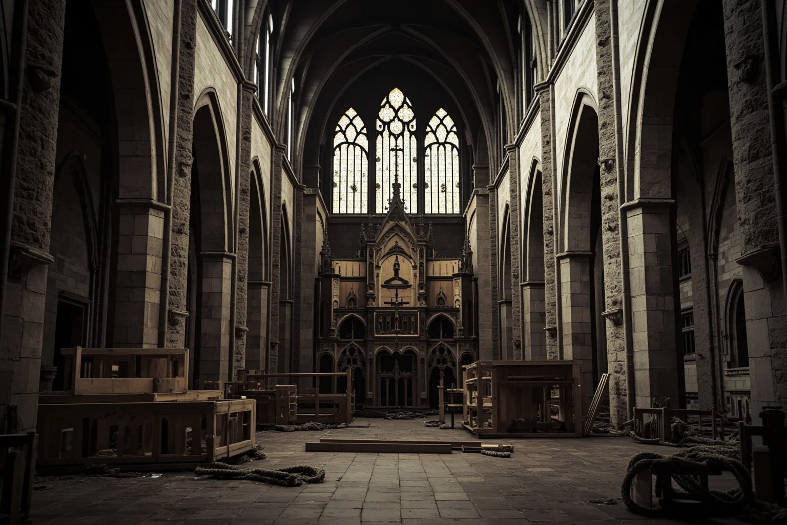 22 Famous Paintings That Were Stolen — Including 10 That Were Never Recovered 12 A vast medieval cathedral interior with a huge multi-panelled altarpiece partly disassembled, wooden crates and ropes on the floor, dramatic shafts of light.