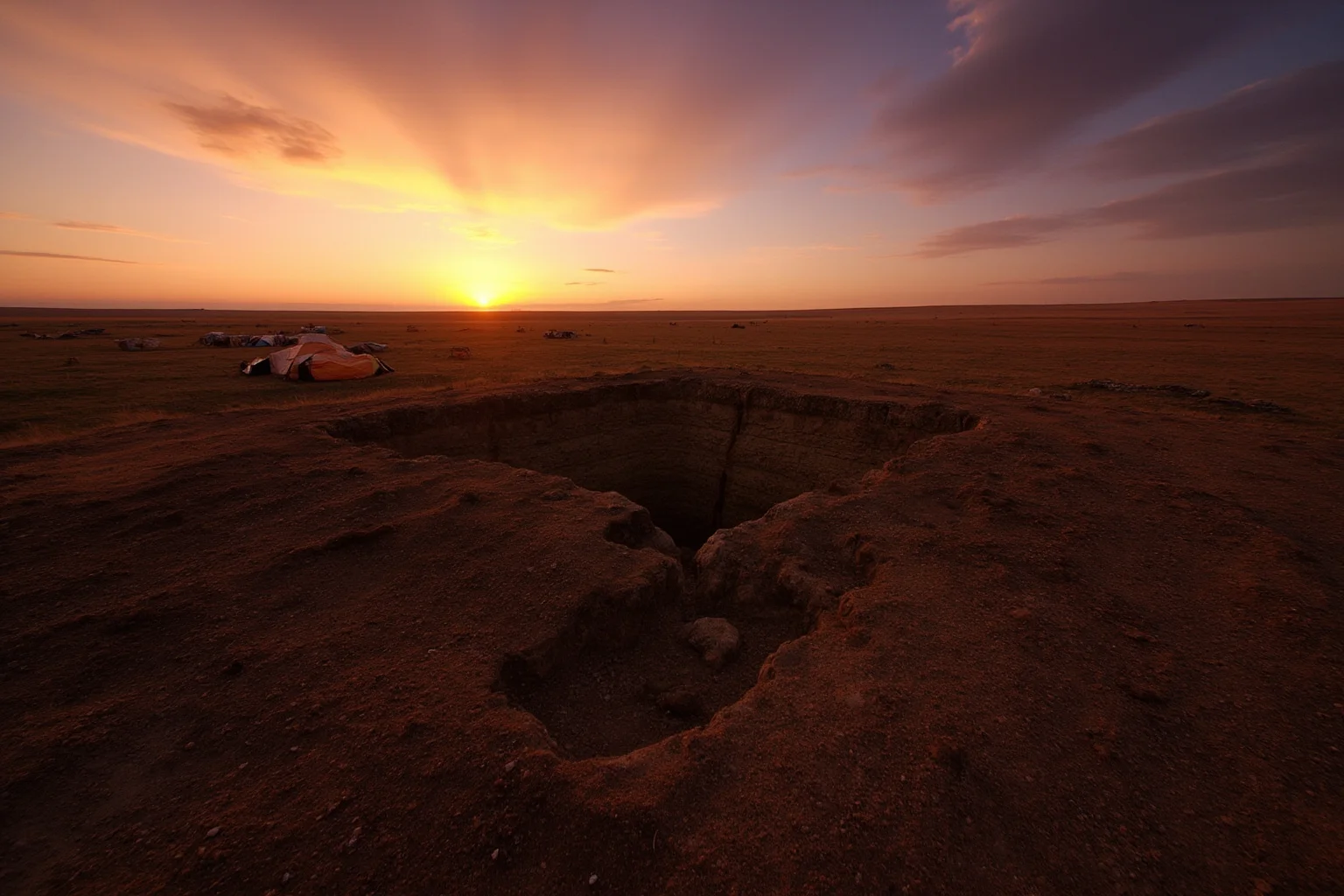 Scariest Missing Persons Cases in History: 20 Creepy Disappearances That Still Baffle Us 19 A vast Mongolian steppe at sunset, an ancient burial site hidden beneath the earth, nomad tents in the distance, epic and mysterious.