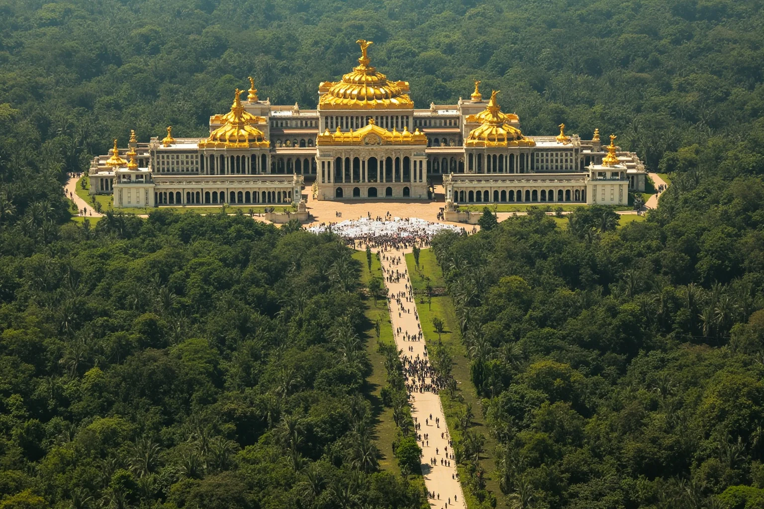 22 Evil Dictators Who Were Eventually Overthrown 11 A vast palace complex in an African jungle, golden statues, with a distant crowd of protesters, no faces.