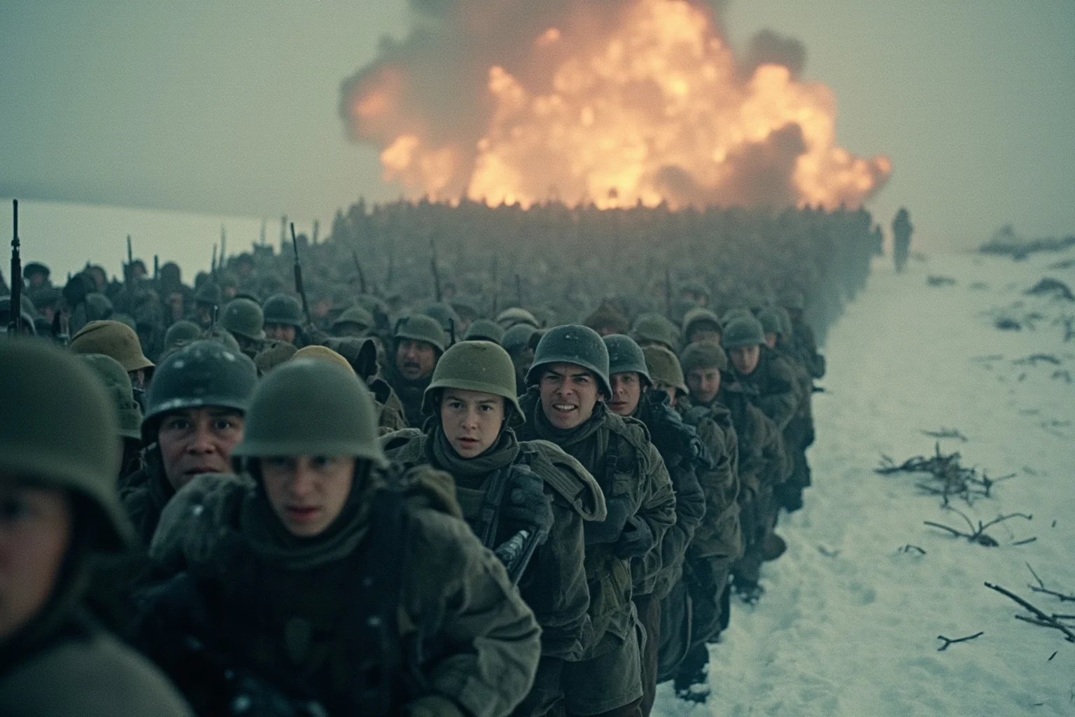 Military Tactics That Seemed Brilliant: 20 That Were Pure Desperation 3 A vast wave of infantry advancing across a snowy Korean War hillside while explosions light up the background, gritty documentary style