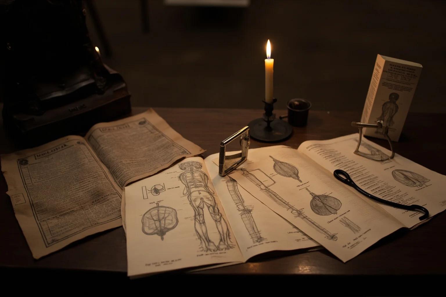 A Victorian-era anatomy diagram and old scientific notebook pages spread across a desk, surgical tools, candlelight, unsettling but tasteful historical mood