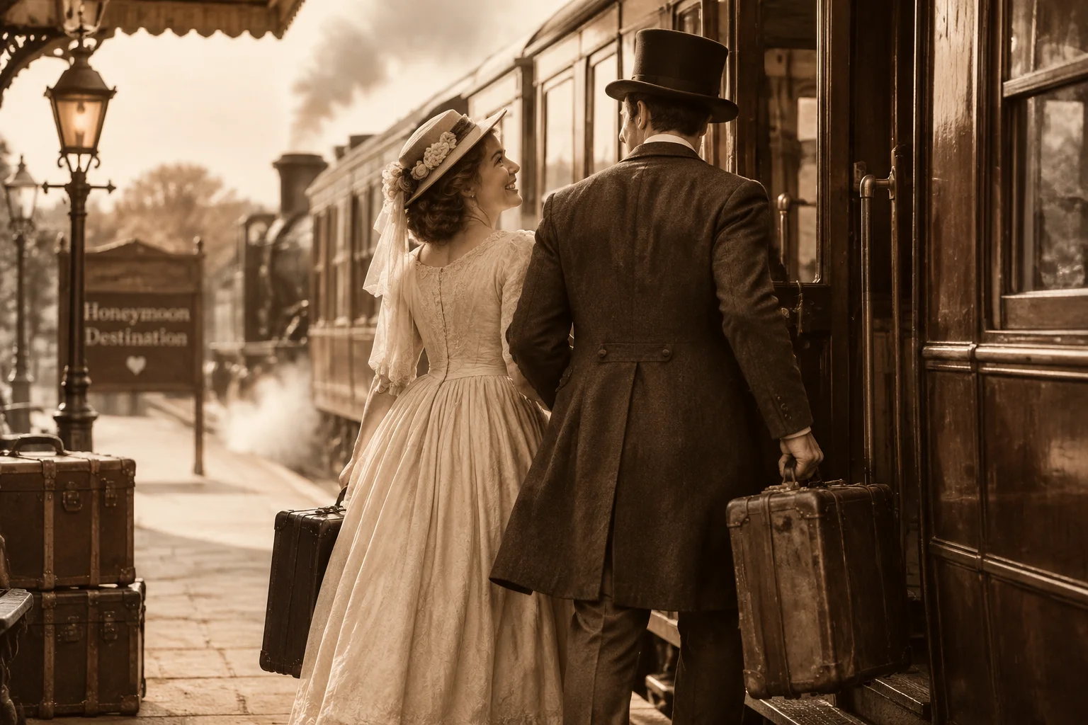When Did Honeymoons Become A Normal Part Of Getting Married? 3 A Victorian-era couple boarding a steam train with luggage, heading to a honeymoon destination, sepia tones, romantic period attire.