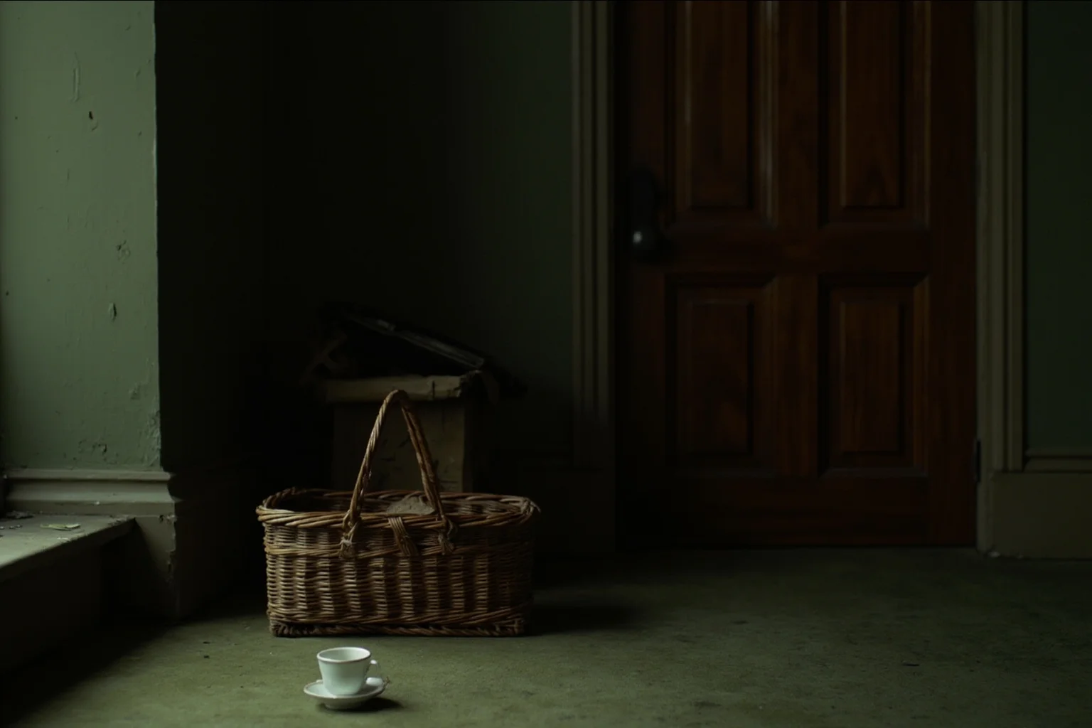 A Victorian parsonage parlour with a sewing basket, a single teacup and a closed door, muted greens and browns, soft domestic light.