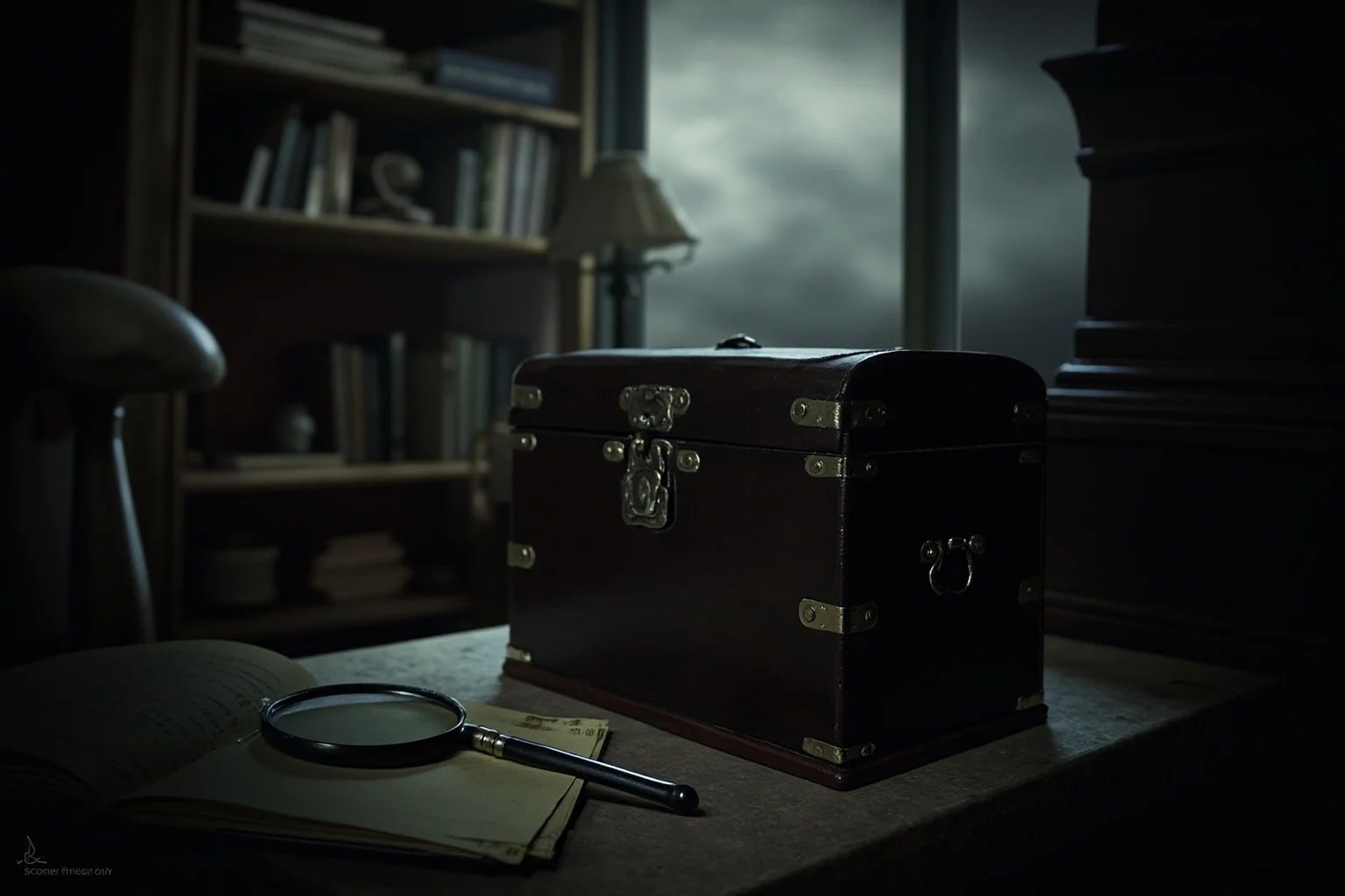 A Victorian study with a locked deed box, a magnifying glass and a storm-lit window, sensation-novel mood, deep shadows.