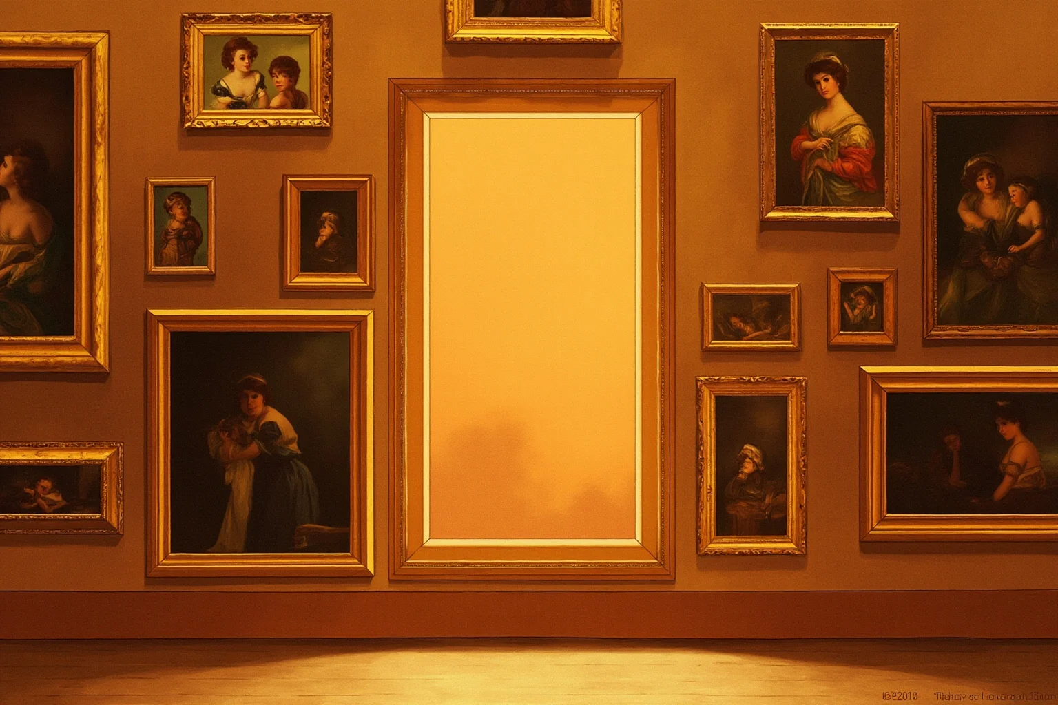 22 Famous Paintings That Were Stolen — Including 10 That Were Never Recovered 7 A Vienna gallery wall with a conspicuous empty space among gold-framed paintings, art nouveau details, warm amber light, illustration.