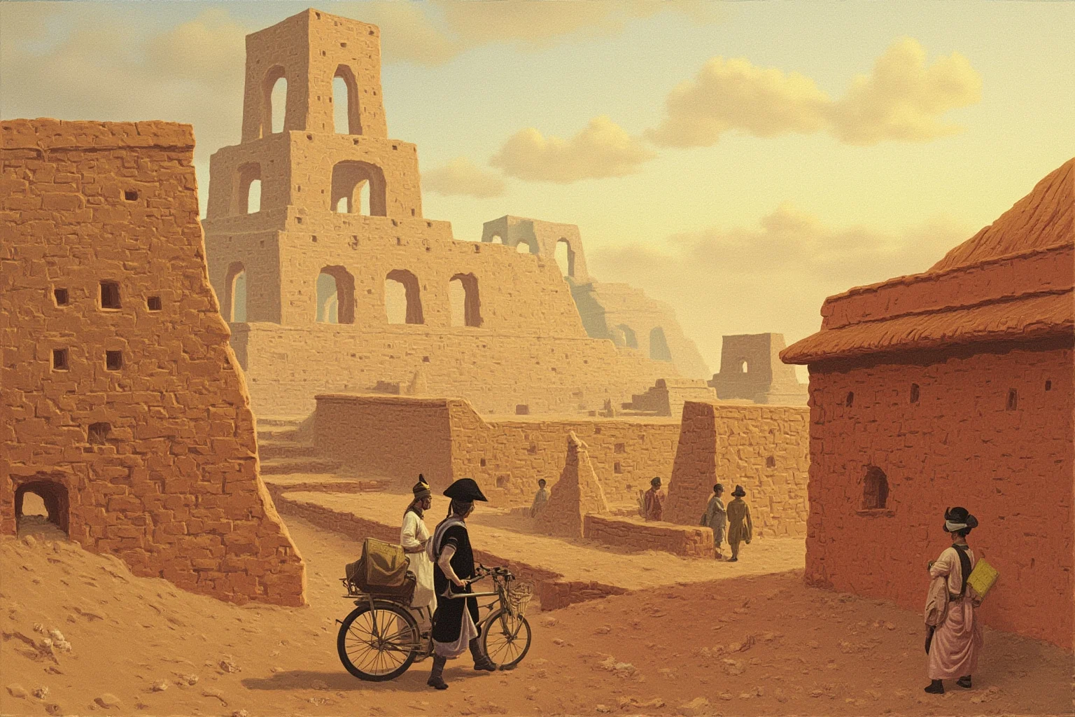 Mansa Musa: The African King Who Became the Richest Man in History 2 A view of the mud-brick Djinguereber-style mosque in medieval Timbuktu with scholars carrying manuscripts in the foreground, golden hour, detailed architectural illustration