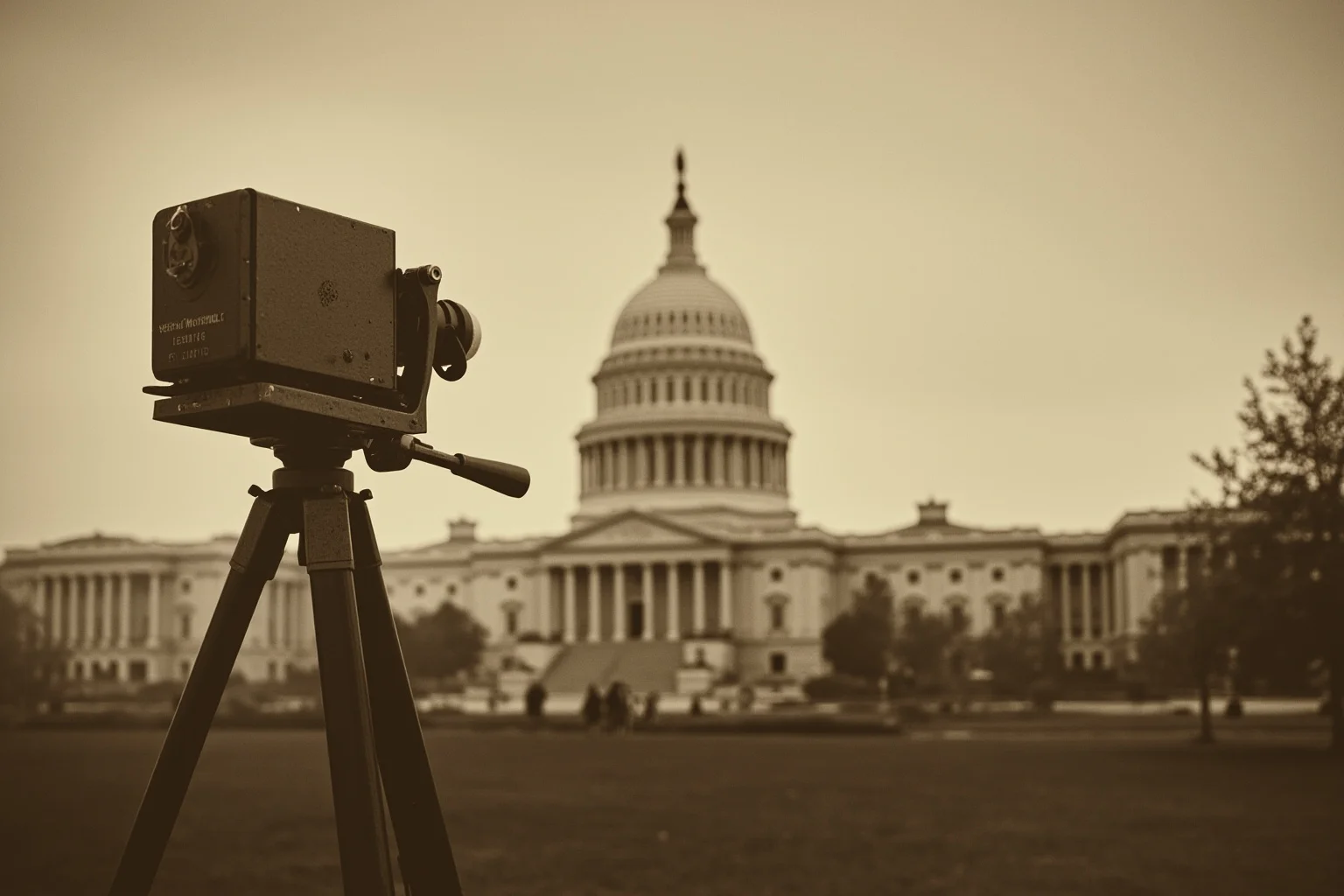 A vintage 1840s camera on a tripod pointed at a capitol building, sepia tones, no people.