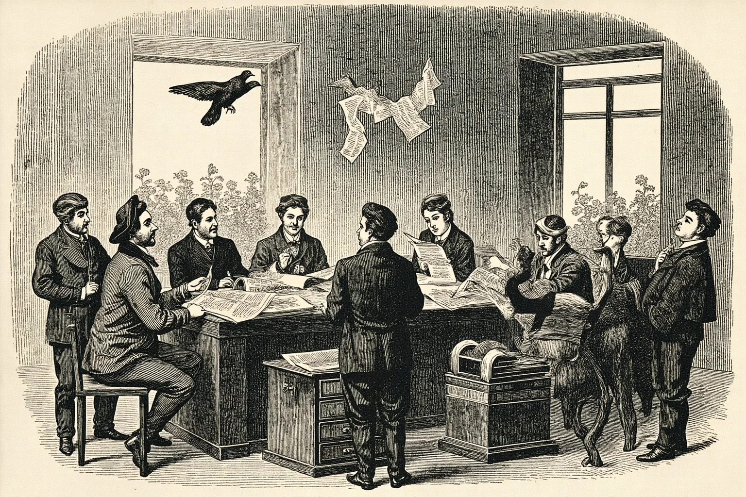 A vintage 1840s newspaper office scene with a pigeon arriving through an open window carrying news while editors look up eagerly