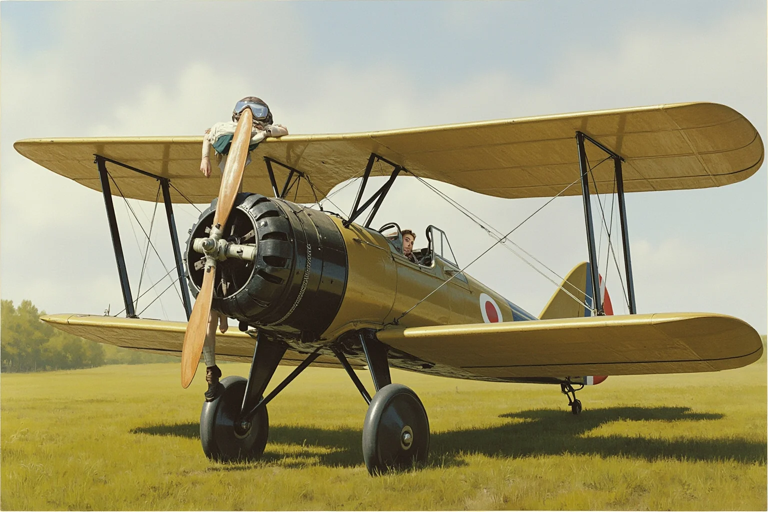 A vintage 1920s biplane on a grassy airfield with a female pilot's helmet and goggles resting on the wing, historical illustration style